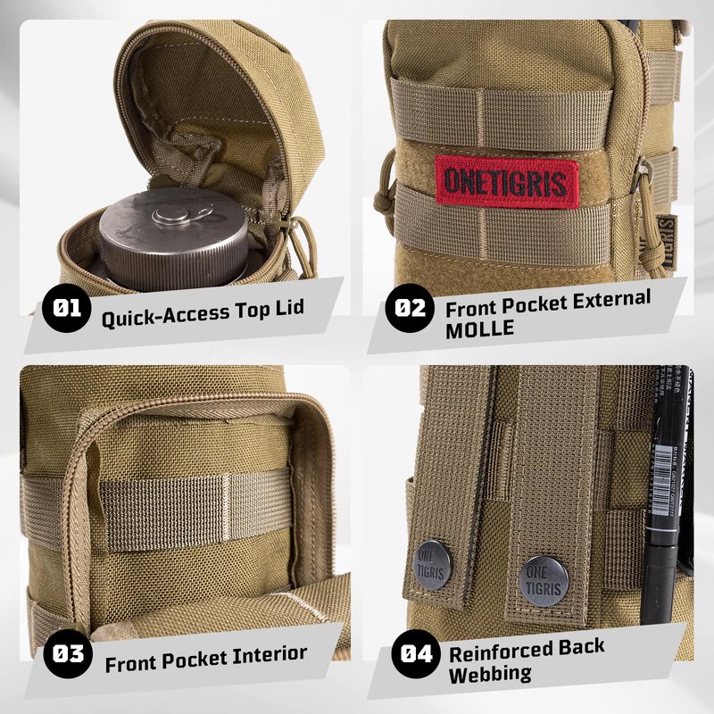 OneTigris MOLLE Water Bottle Pouch, 32oz Tactical Water Bottle Holder with Front Pocket & Detachable Shoulder Strap, 1000D Nylon Bottle Carrier for Hiking, Camping, Backpack & Belt Carry