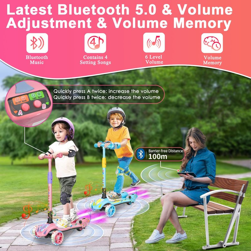 3 Wheel Scooter for Kids, Toddler Scooter with Bluetooth Music Speaker Steam Sprayer LED Lights Aluminum Alloy T-Bar, Ideal Gift for Boys Girls Ages 3-10 (Pink)