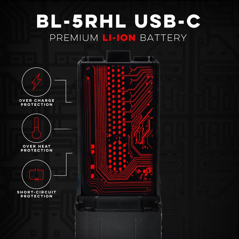 BTECH BL-5RHL 5200mAh USB-C Charging Li-ion Battery Pack, OEM Original Capacity Battery for BaoFeng BF-F8HP PRO and BL-5RH Series Radios