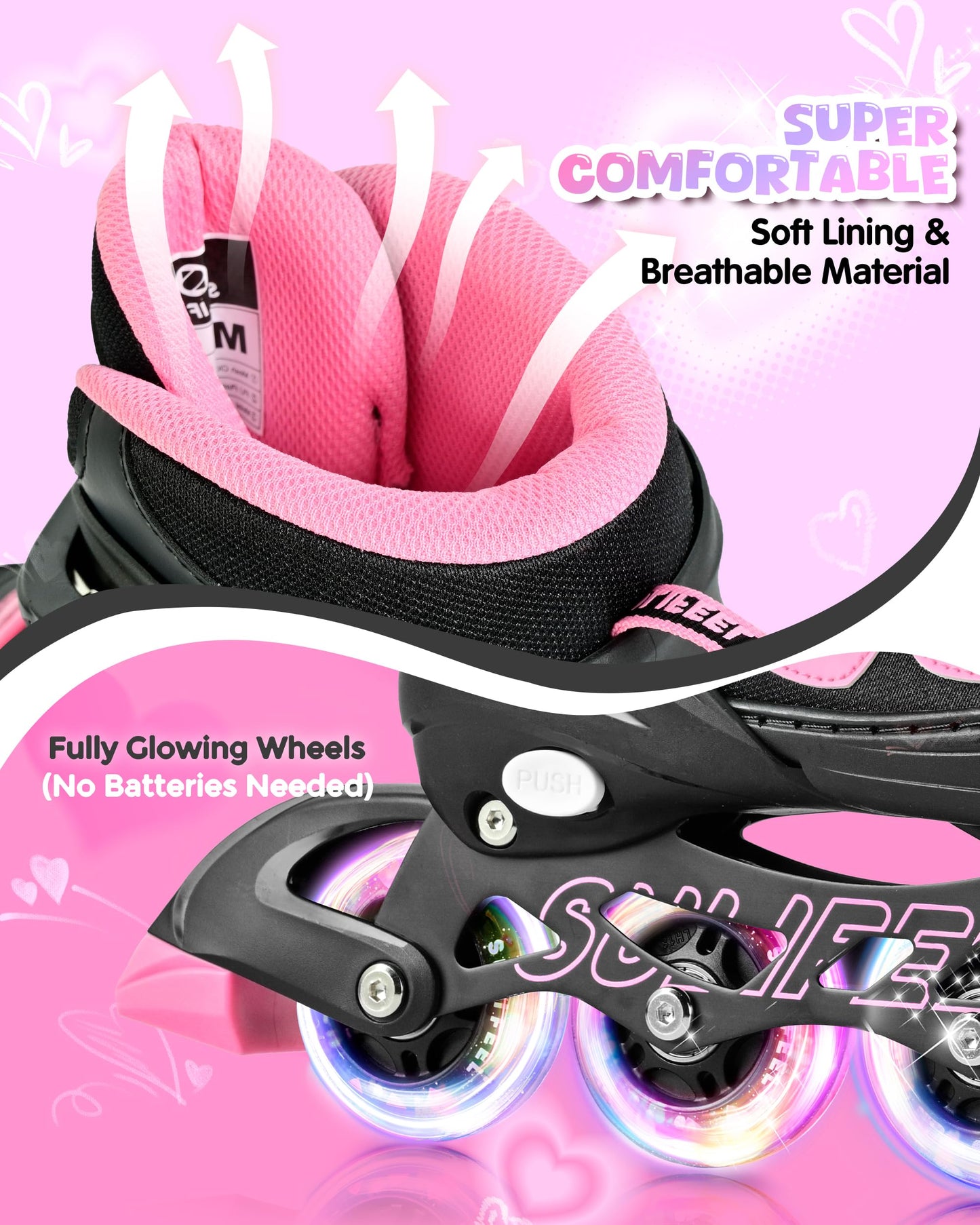 SULIFEEL Love Hearts 4 Size Adjustable Kids Inline Skates for Girls with Fluffy Pom Light Up Wheels Ages 3-12 Girls Birthday Gift for Indoor Outdoor Sports