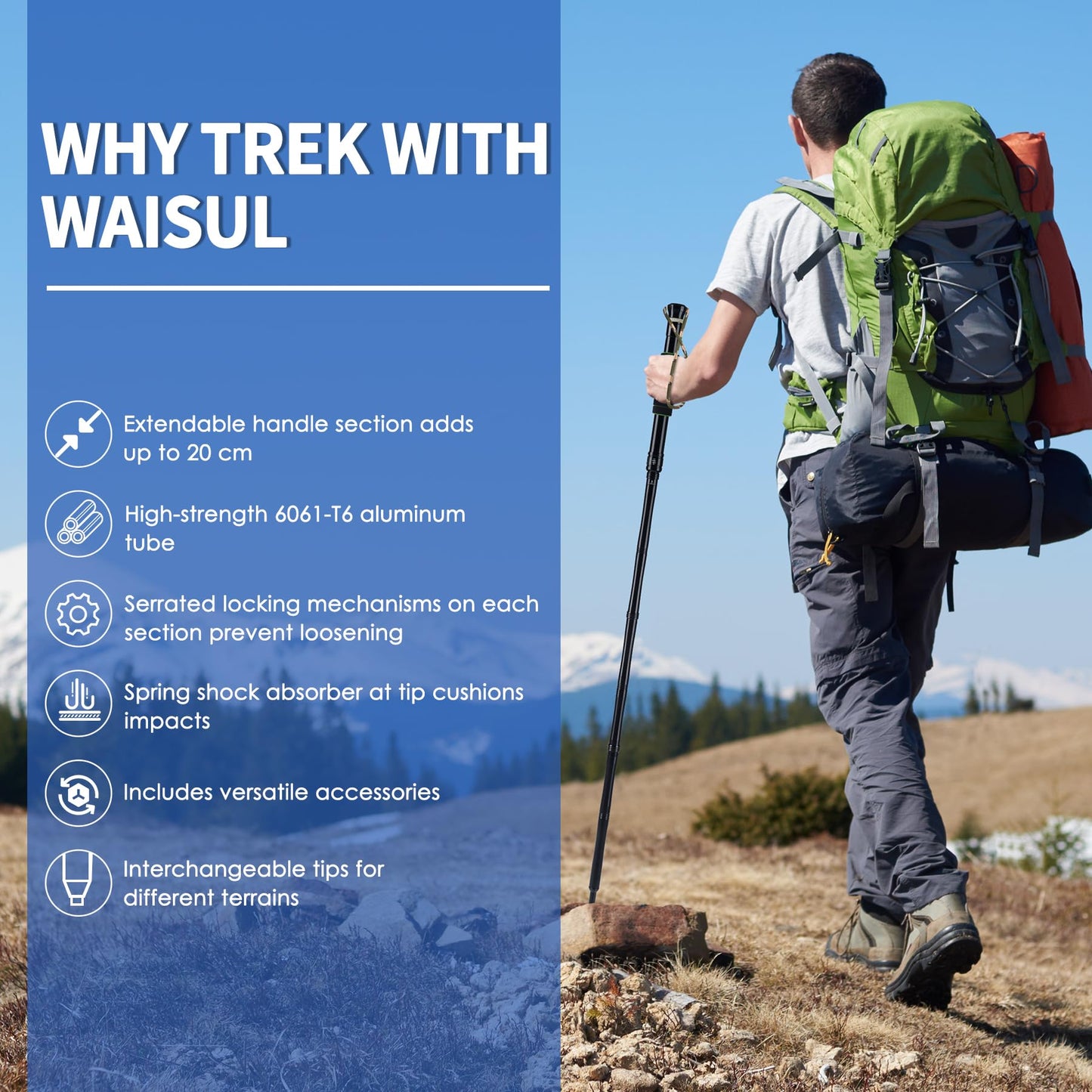 Waisul Tactical Survival Hiking Stick - Retractable Walking Staff with Multitool | Shock Absorption, Unique Twist-Lock & Quick-Adjust Length for Trekking & Outdoor Adventures