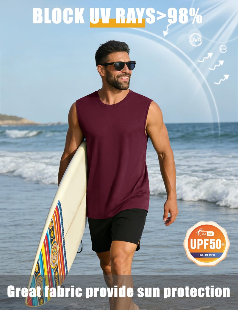 Cotrasen Mens Tank Top UPF 50+ Cotton Sleeveless Shirt Lightweight Casual Gym Workout Cooling Muscle Tee Shirt Wine Red 2XL