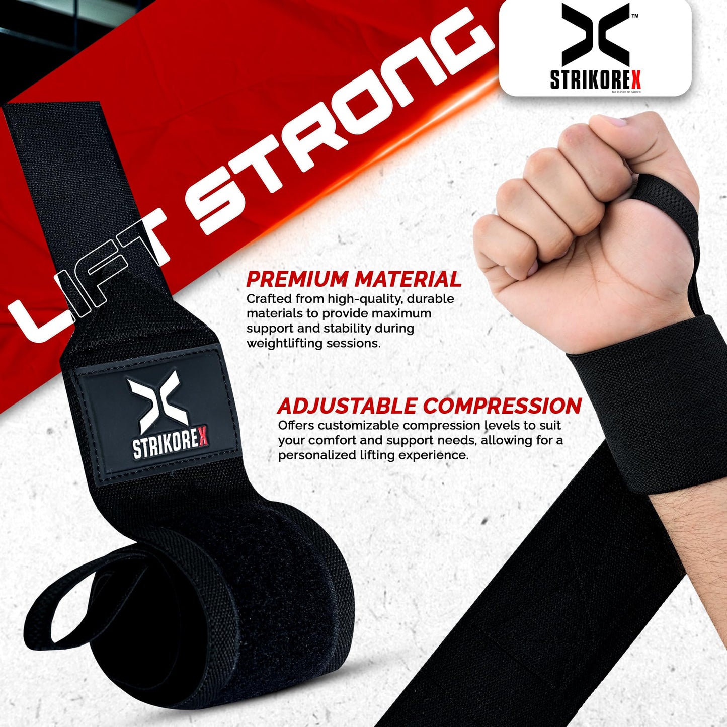 StrikoreX Wrist Straps for Weightlifting with Support for Men & Women 18", Gym Lifting Flexible Fit & Stiff Wrist Wraps Workout Equipment,Powerlifting Strength Training & Push Ups (BLACK/BLACK)