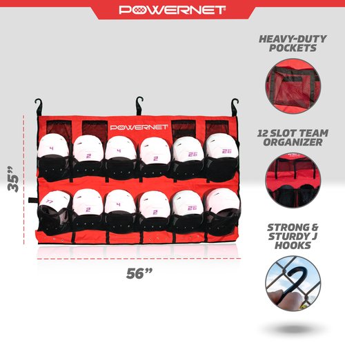 PowerNet Softball & Baseball Helmet Hanging Bag, 12 Pocket Baseball Glove & Helmet Storage Holder & Dugout Organizer, Portable Baseball Gear Training Equipment Holder (Red)