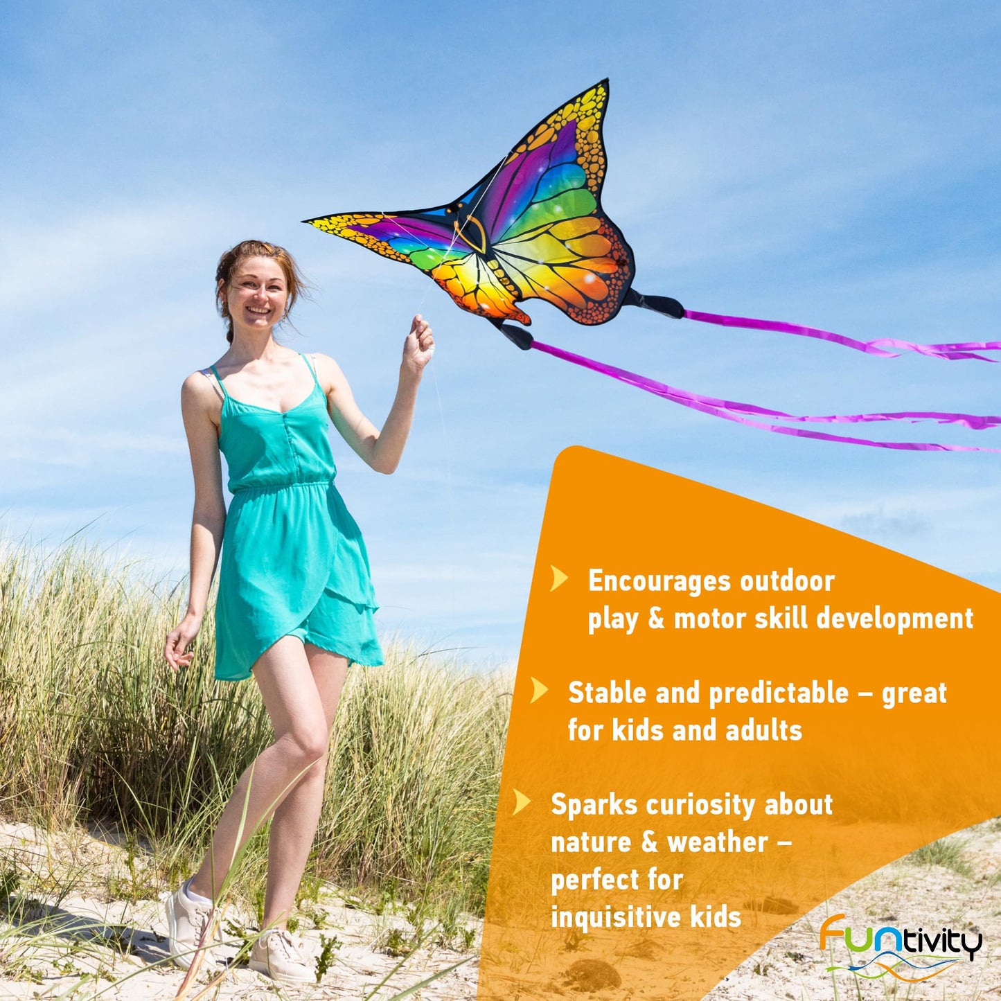 Funtivity Children's Kite Simple Flyer Rainbow Fountain - Ready-to-Fly Single Line with Rainbow Tail - Includes Handle & Cord - Kite from 5 Years - Lightweight Flight Kite for Garden, Park & Beach