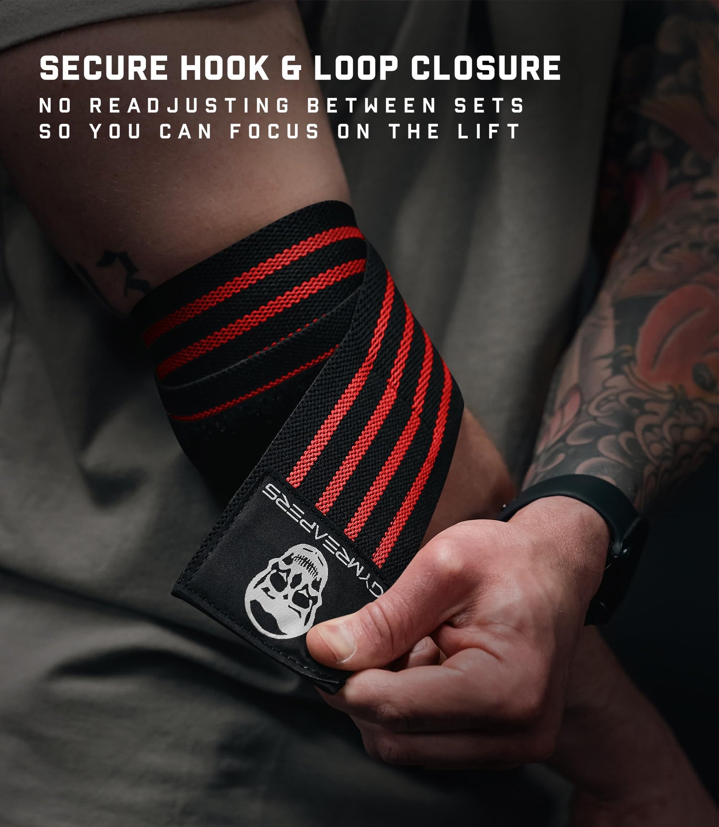Gymreapers Weightlifting Elbow Wraps (1 Pair) - Flexible 40'' Elbow Compression Strap & Joint Support Brace - For Bench Press, Powerlifting, and Pressing (Red)