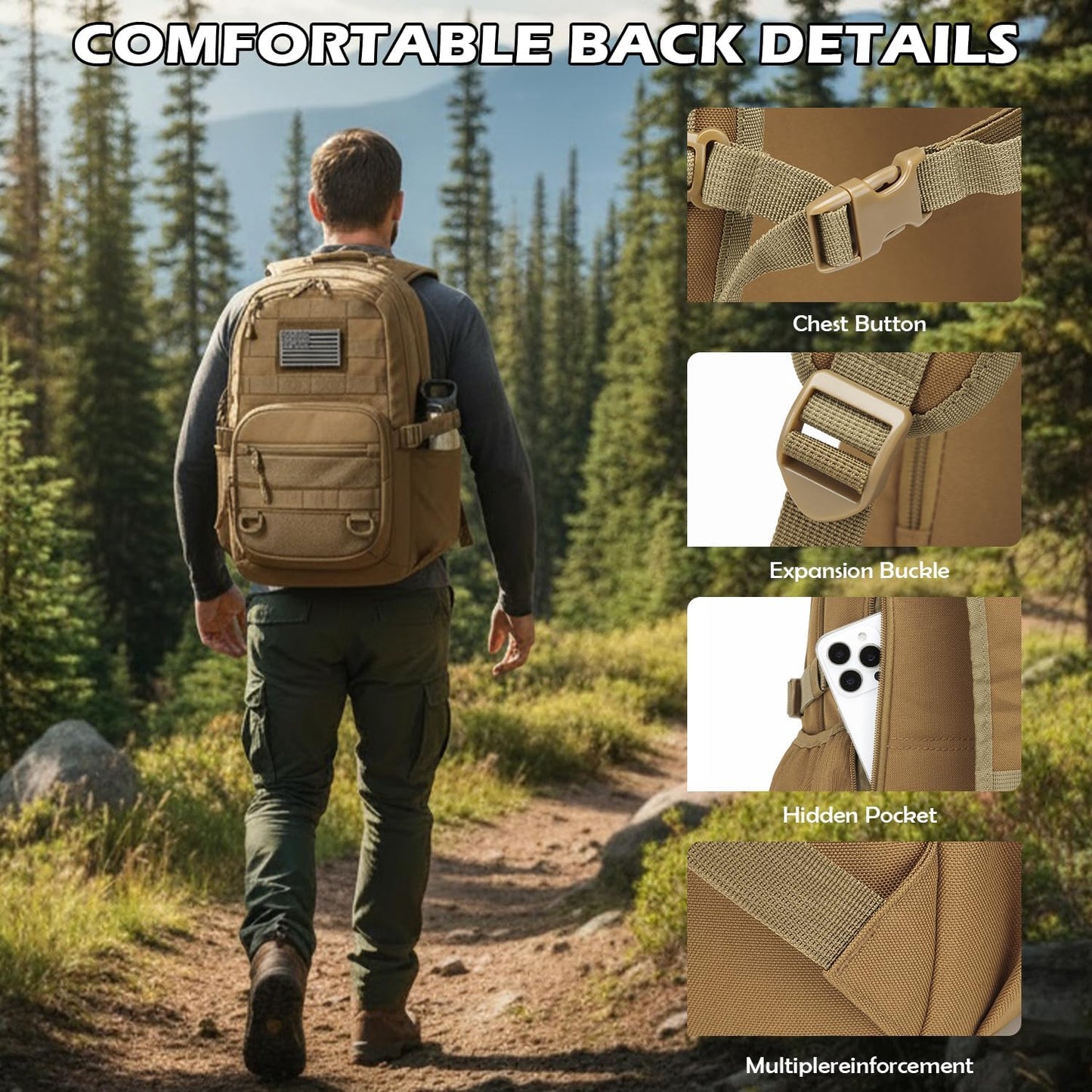 Tactical Backpack - Military Molle 3-Day Assault Pack for Hiking | Brown Rucksack
