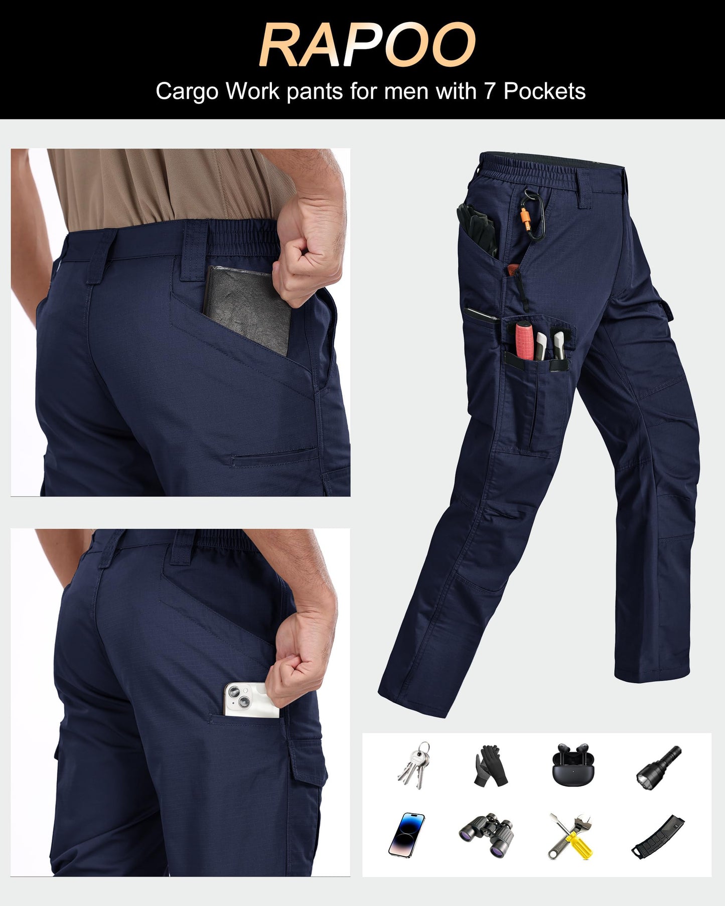 Rapoo Work Pants for Men Cargo Tactical Military Army Pants for Men with Pockets Heavy Duty Elastic Waist Mens Ripstop Construction Outdoor Pants Navy 32Wx30L