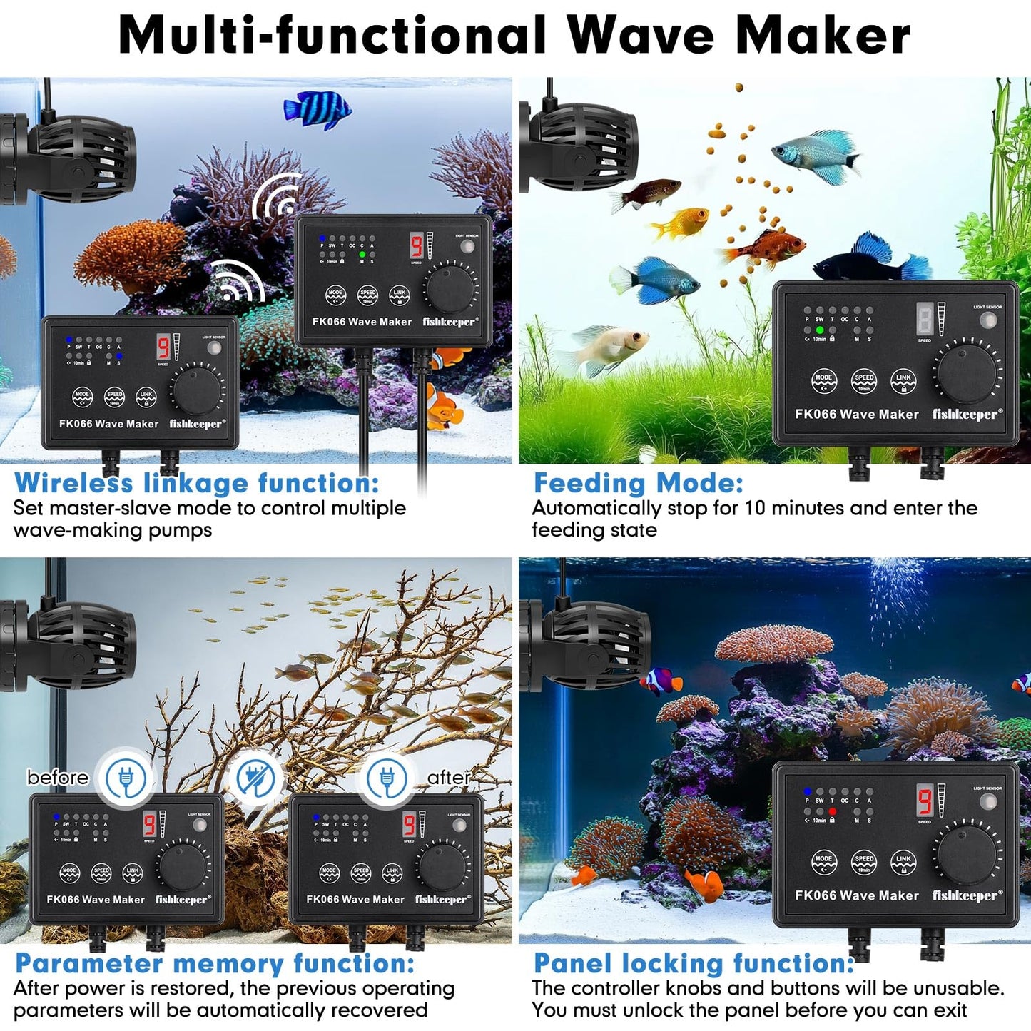 fishkeeper Aquarium Wave Maker, 1600GPH Adjustable Submersible Aquarium Powerhead with Magnetic Suction Base for 15-90 Gallon Tank Circulation Pump for Saltwater Freshwater