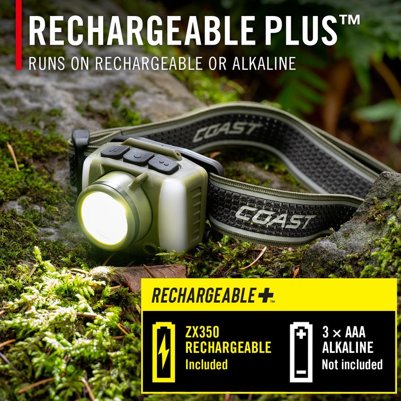 Coast FL95R 1250 Lumen Rechargeable Plus LED Headlamp with Green, Red and Area Light Modes and Glide Focus