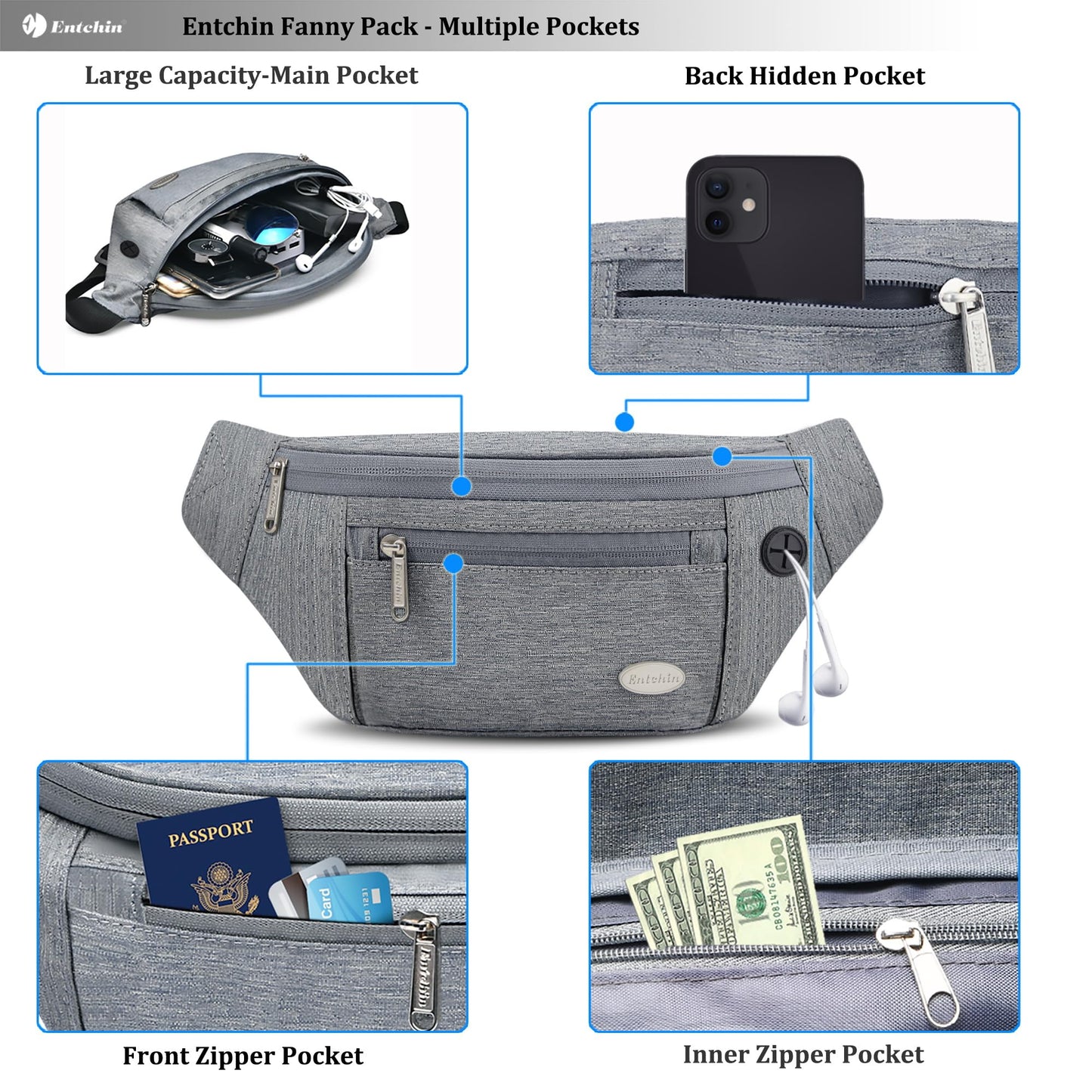 Entchin Fanny Pack for Women Men, Large Capacity Crossbody Waist Bags for Hiking Running Travel Cycling Fits Any Phones