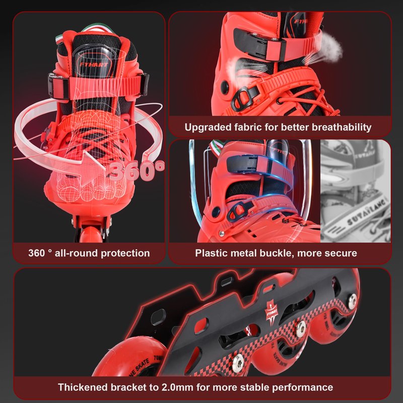 FYHART Adjustable Kids Inline Skates for Girls Boys with 8 Wheels, Kids Inline Roller Skates Blades for Youth Children Beginners Big Kids for Indoor Outdoor Playing (Red & Black, Large)