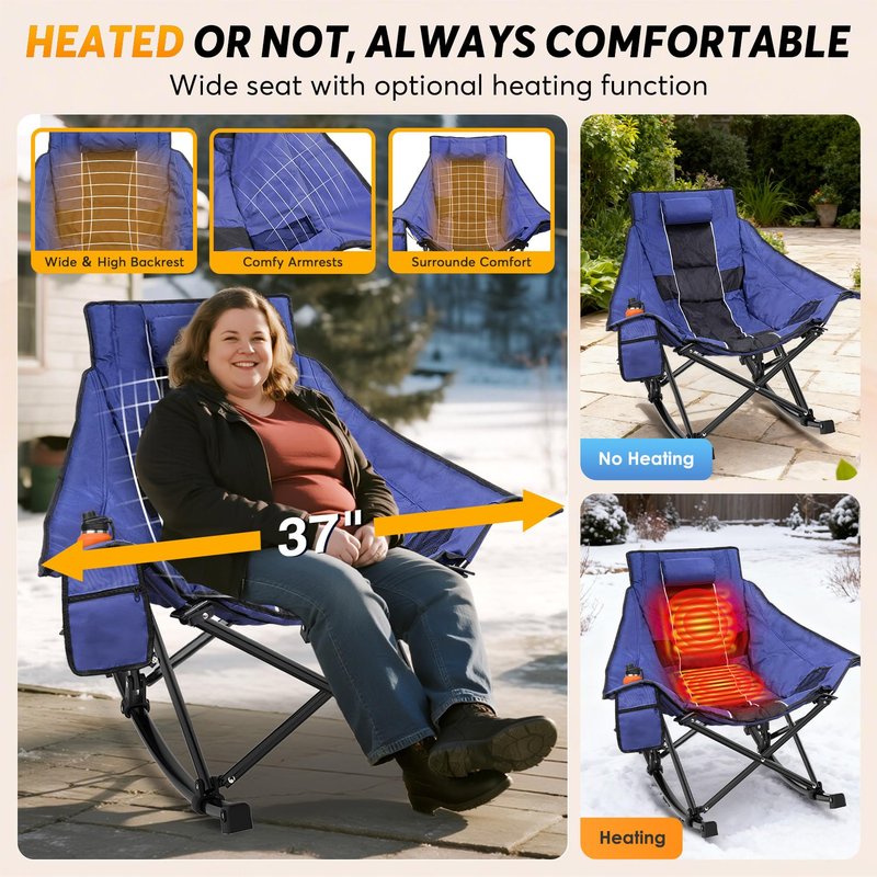 Suteck Heated Rocking Camping Chair, Fully Thicker Padded Heated Camping Chairs for Outdoor Sports W/3 Heat Levels for Back & Seat, Heated Rocking Chair for Adults with Carry Bag, Battery NOT Included