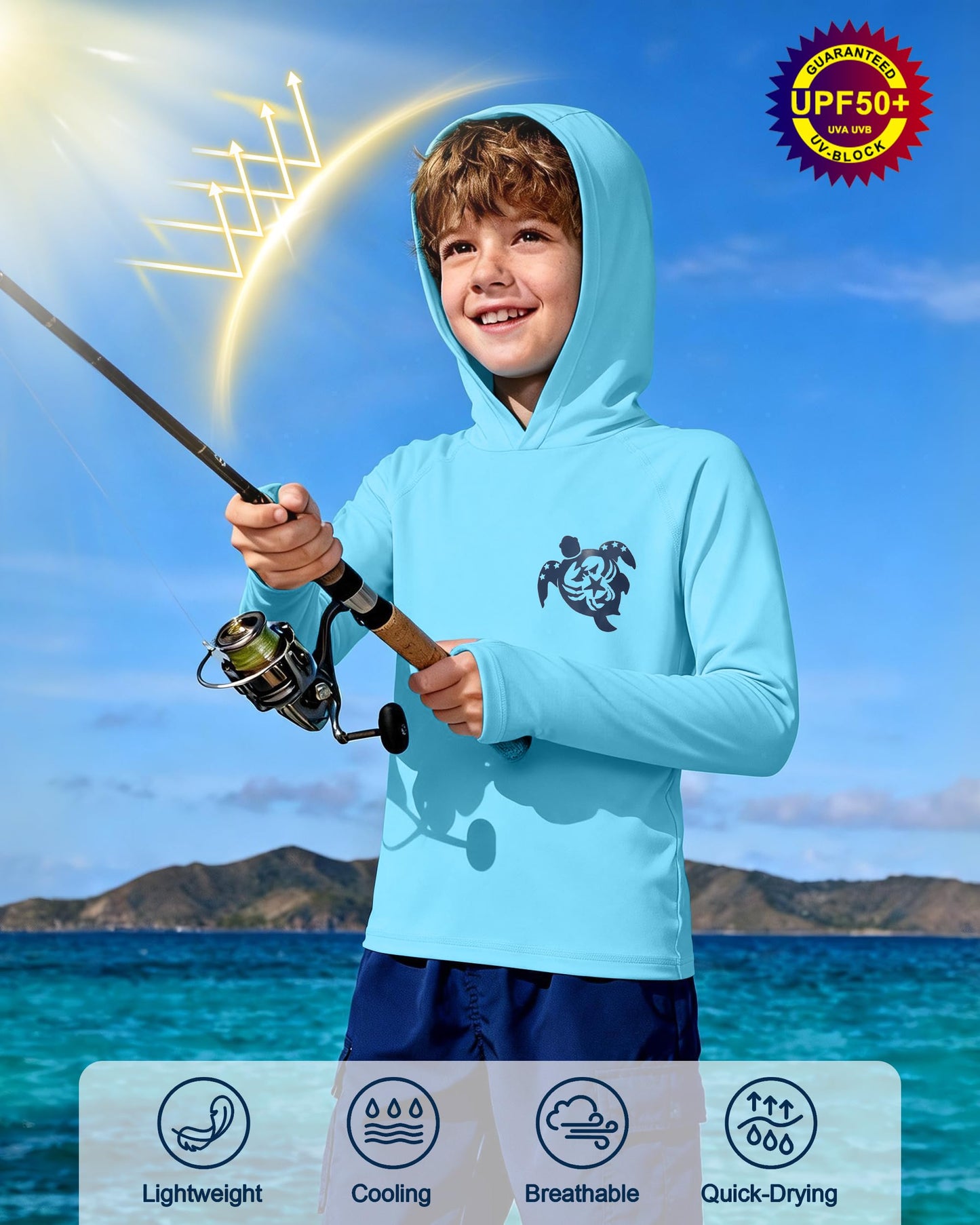DRONIRING Boys Rash Guard Swim Hoodie, UPF 50+ UV Sun Protection Long Sleeve Fishing Shirt, Kids Youth SPF Water Shirts