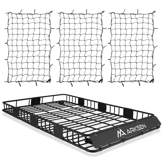 ARKSEN 84 x 50 Inch Universal Extra Wide 150LB Heavy Duty Roof Rack Cargo with Three Cargo Nets, Car Top Luggage Holder Carrier Basket for SUV, Truck, & Car Steel Construction