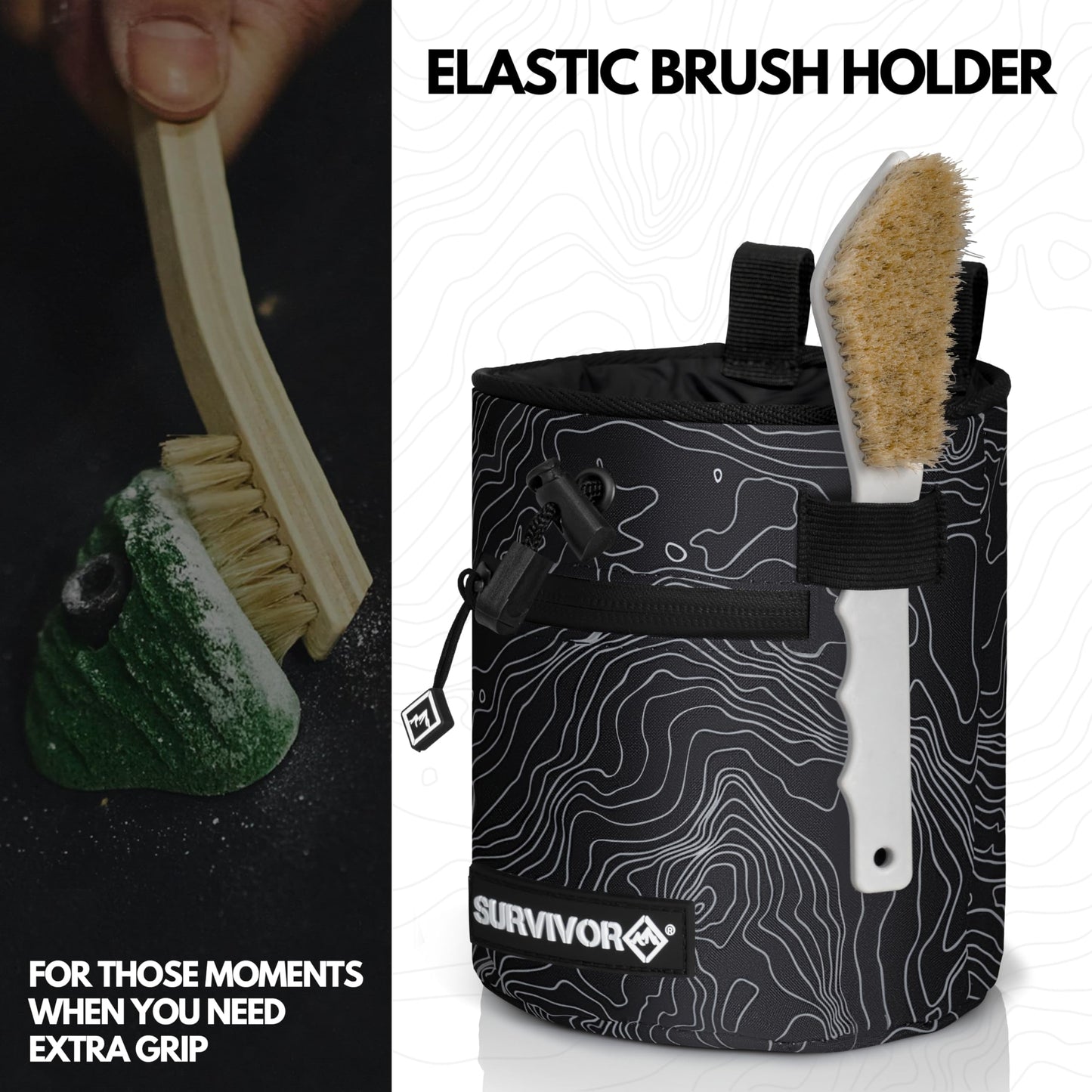 SURVIVOR Chalk Bag + Chalk Ball + Liquid Grip - Iconic Topographical Map, Draw String Closure, 2 Zippered Pockets, & Brush Holder - Bag for Rock Climbing, Bouldering, Weightlifting, Gymnastics & More