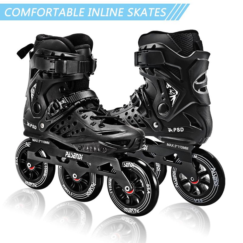 PASENDI Professional 3X110Mm Wheels Inline Skates,Outdoor Fitness Single Row for Adult Women Men, 3Dw Speed Inline Skates Black (US Men 8-9/Women 9-10/28CM, Black)