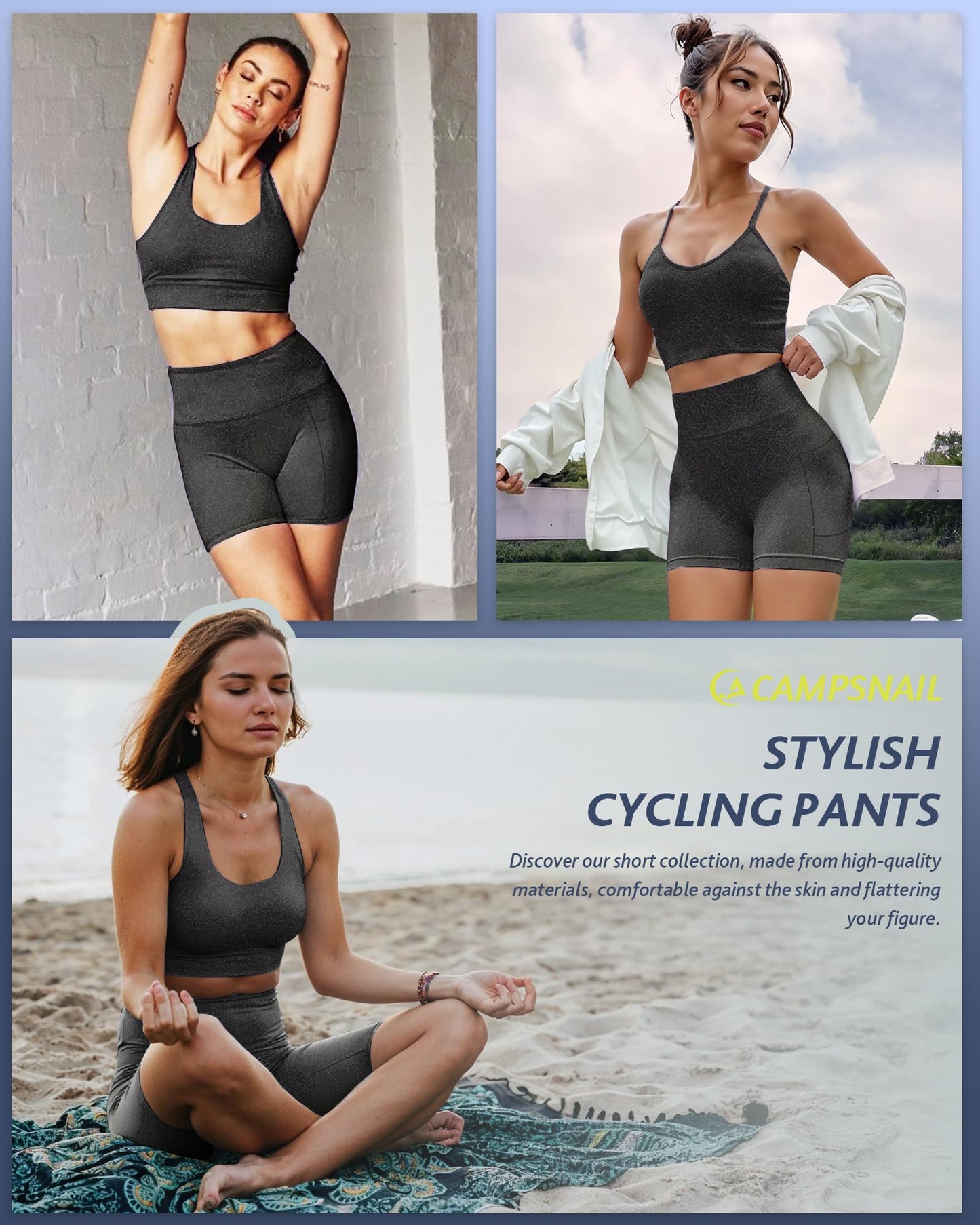 CAMPSNAIL Biker Shorts Women with Pockets - 3"/5"/8" High Waisted Workout Spandex Tummy Control Gym Running Yoga Shorts Dark Grey-Heather