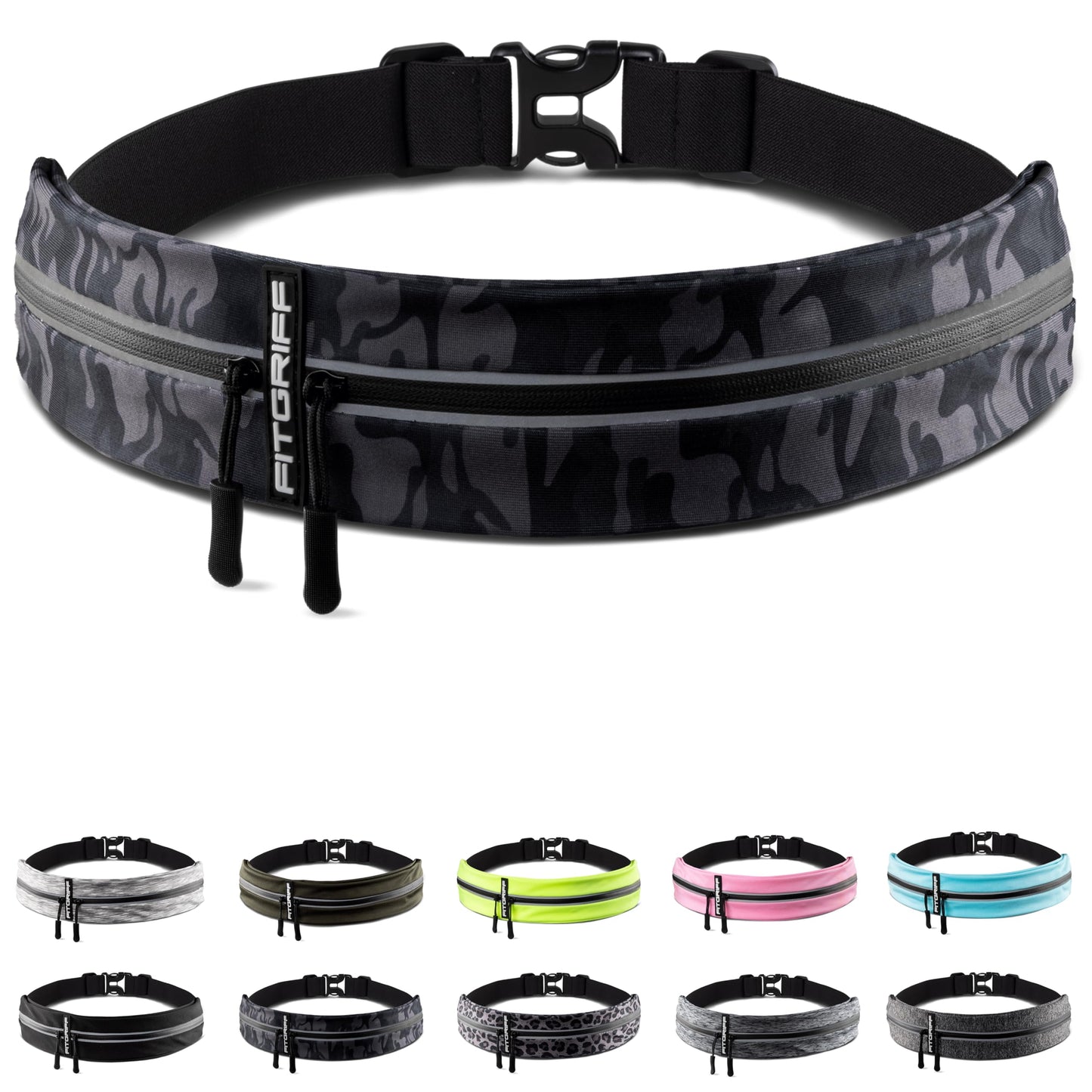 Fitgriff® Running Belt for Men & Women - Secure Jogging Pouch for Phone, Keys & Essentials - For All Cell Phones (Camo-Black, 24.5" - 35.5" Waist Size)