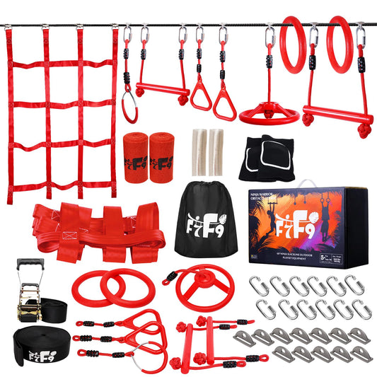 Ninja Warrior Obstacle Course for Kids Backyard with A Pair of Knee Pads, 60’ Ninja Slackline and Slackline Protective Tube with Unique Obstacles Climbing Net, Ninja Wheel, Monkey Bars, Gym Rings