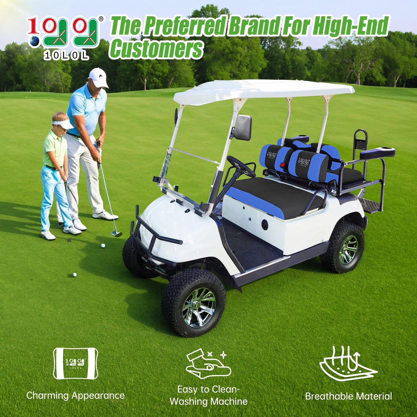 10L0L Golf Cart Front Rear Seat Covers for Yamaha G2 G14 G16 G19 G22, Club Car DS pre-2000, Tomberlin Emerge, EZGO Marathon, Made w/ 3D Air Mesh Polyester Fabric Breathable Washable - Blue and Black