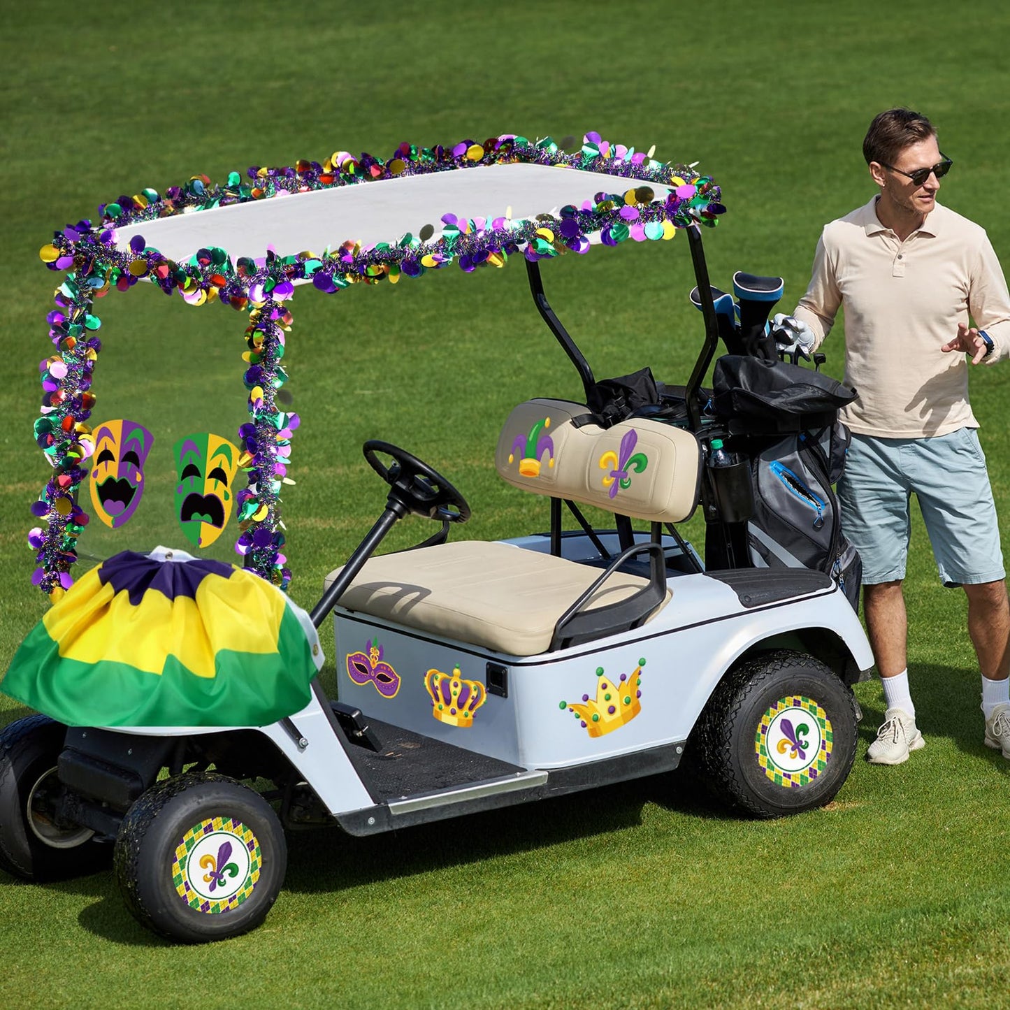 DoubleFill Mardi Gras Golf Cart Decoration Burlap Bunting Flag Purple Green Gold Tinsel Garland Golf Cart Stickers for Mardi Gras Parade Carnival Party Supplies