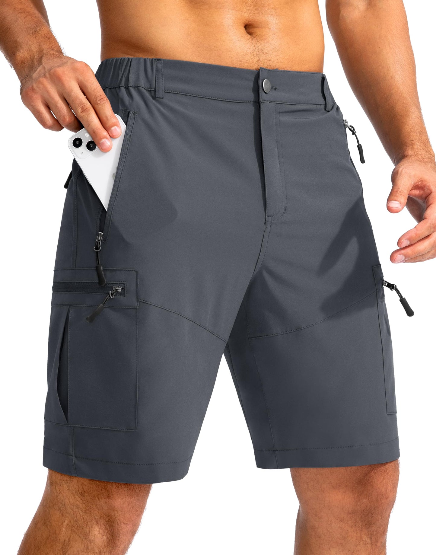 Pudolla Men's Hiking Cargo Shorts 9" Lightweight Outdoor Work Shorts for Men Travel Golf Camping Casual with 5 Zipper Pockets(Deep Grey Small)