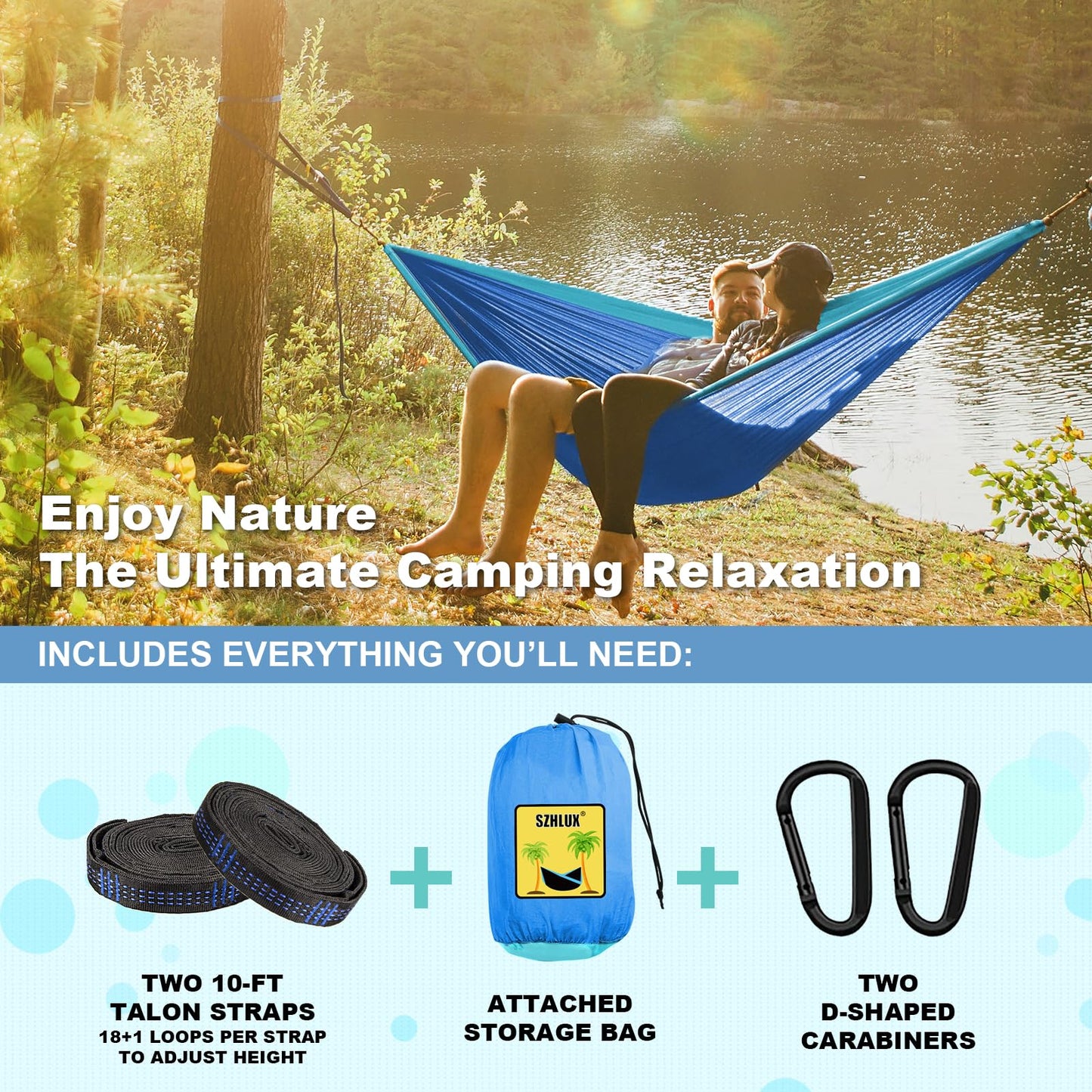 SZHLUX Camping Hammock Double & Single Portable Hammocks with 2 Tree Straps and Attached Carry Bag,Great for Outdoor,Indoor,Beach,Camping