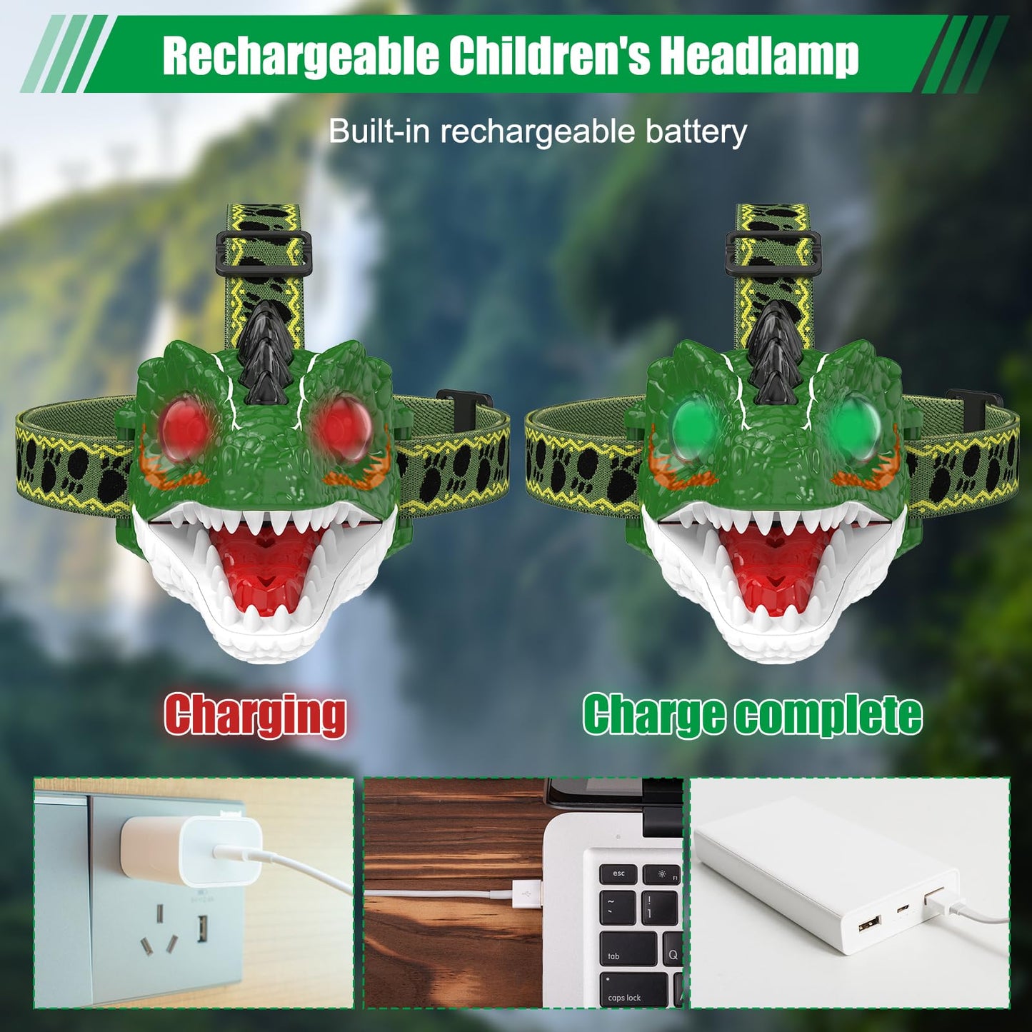 MOLAER Rechargeable Headlamp for Kids, Dinosaur Toy Head Lamp Flashlight for Boys Girls, Outdoor Camping Gear, Roar & Silent Mode LED Headlight, Gift for Halloween, Christmas, Birthday