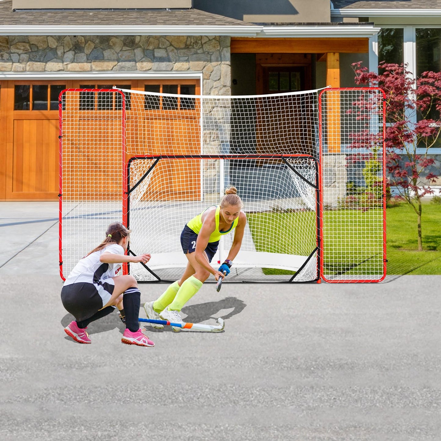 VEVOR Hockey Goal with Backstop and Targets, Street Steel Hockey Net, 72" Pro Hockey Training Goal Set, Portable Indoor Outdoor Hockey Goal with Net, Easy Assemble, White/Red