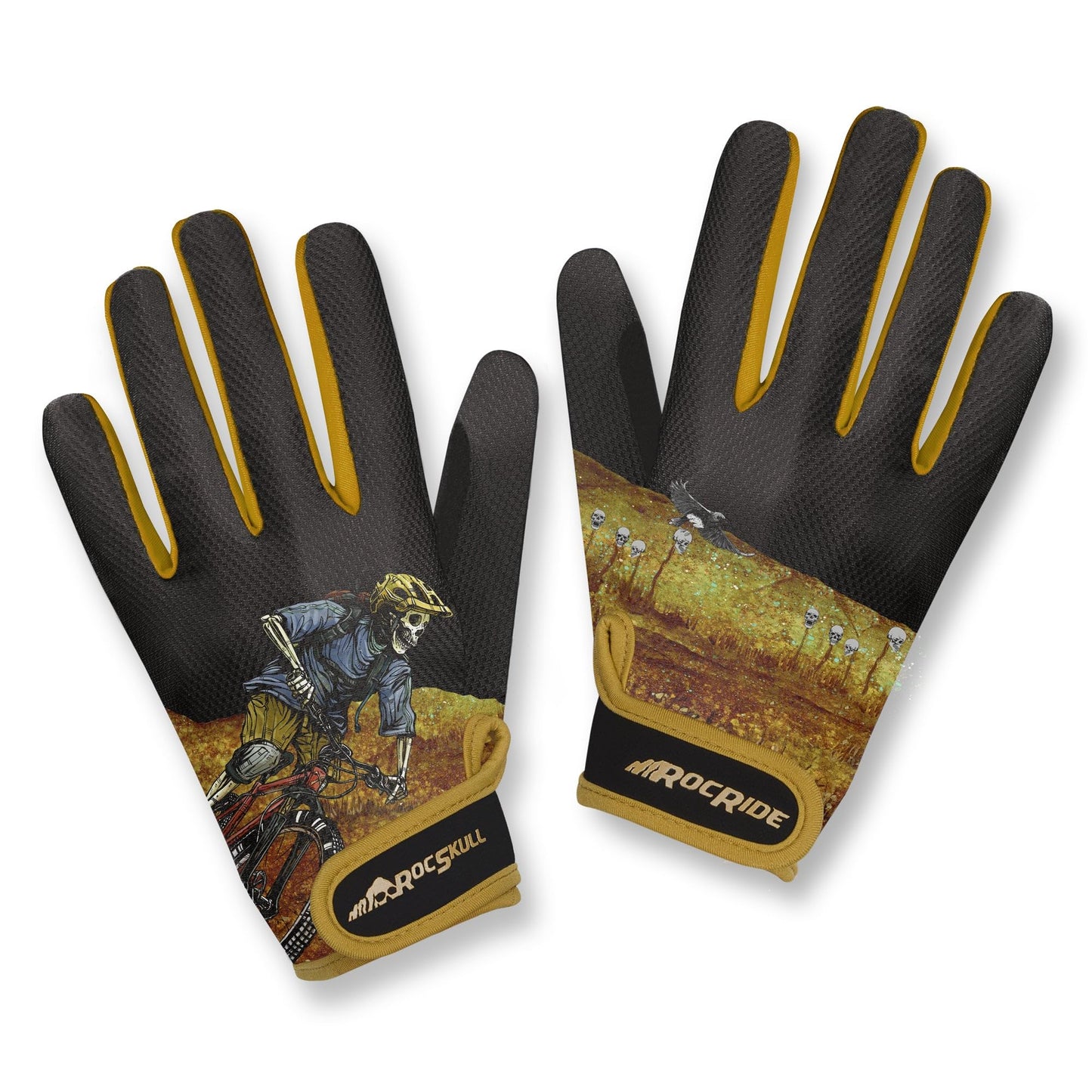 RocRide Skeleton Cycling Gloves Gel Padded Full Finger Road Mountain BMX Unisex Men Women and Youth Sizes Black with White Blue Red Pink or Green Print