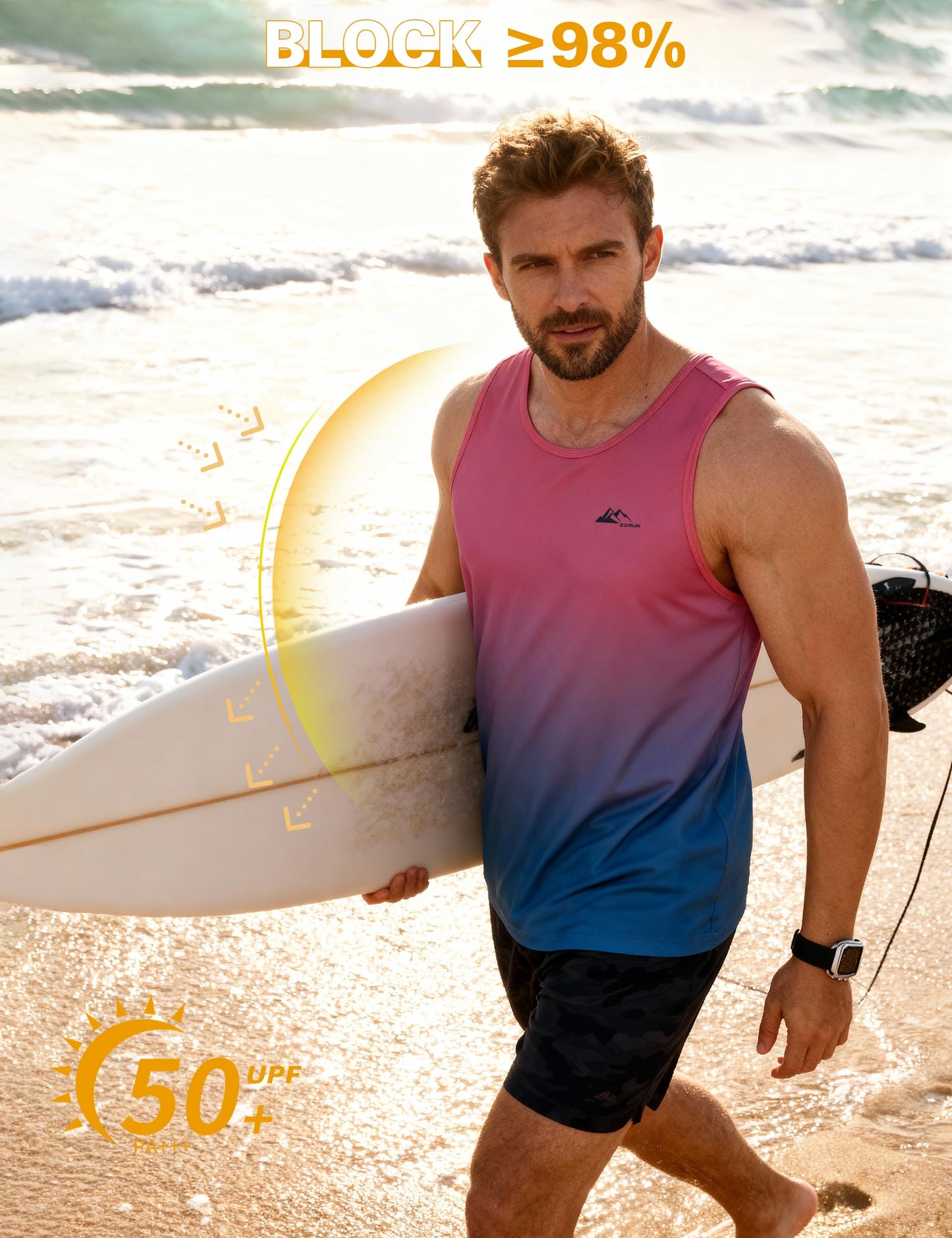 EZRUN Men's Quick Dry Tank Top UPF 50+ Summer Workout Muscle Sleeveless Shirts for Swim Beach Gym Bodybuilding