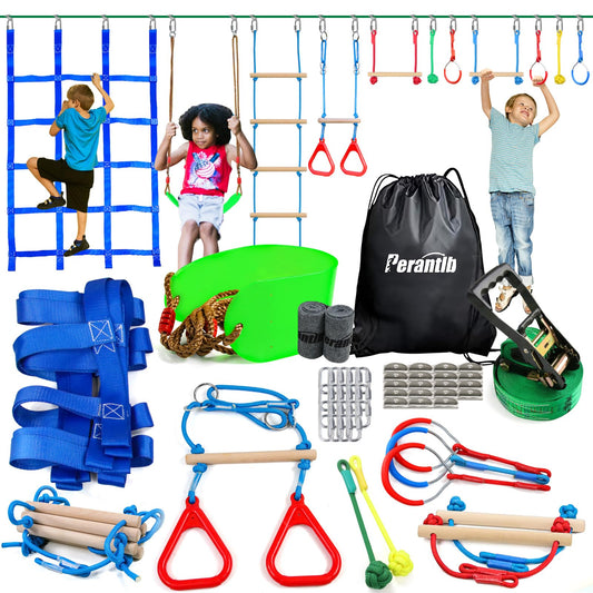 Perantlb Ninja Warrior Obstacle Course for Kids - Ninja Slackline 52' with 11 Accessories for Kids, Includes Swing, Obstacle Net ,Rope Ladder,Slackline Gymnastic Bar, Become a Ninja Warrior