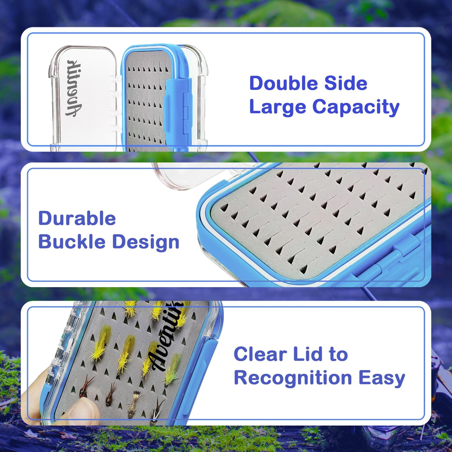 Aventik Waterproof Clear Fly Box Double Sides Floating Lightweight Fly Fishing Case Large Capacity Grip Foam Nymph Wet Dry Flies Lure Box(H18 Blue, SIZE A:4.24X3.04X1.36inch)