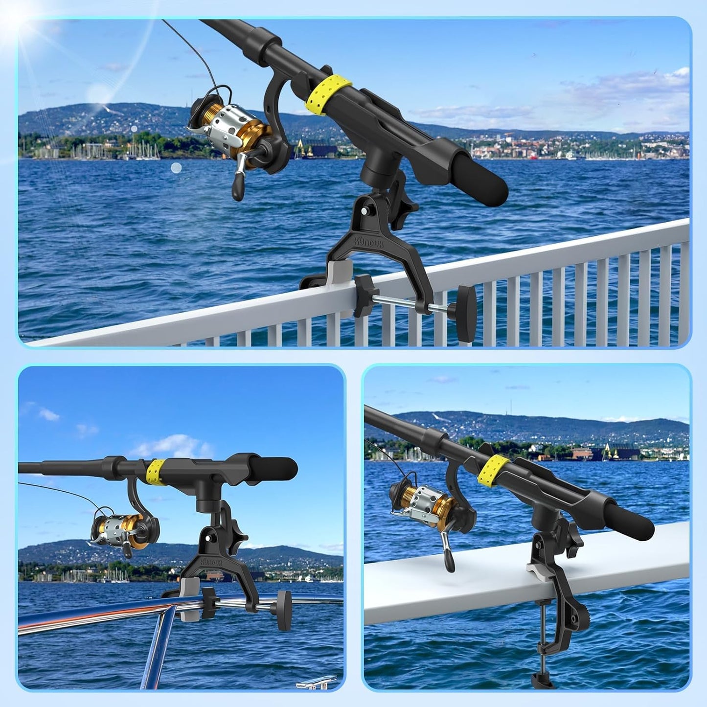 Fishing Rod Holder - 360° Dual Rotation with Button-Lock | Universal Silicone Strap & Enlarged V-Clamp for Round/Square Tubes