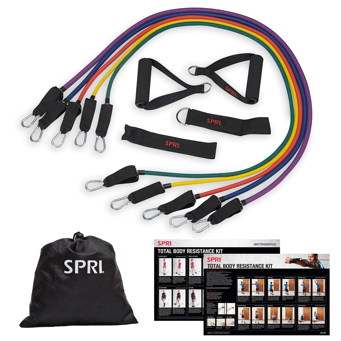 SPRI Resistance Band Kit - Resistance Training Interchangeable Tubes for Full Body Toning - Includes 5 Exercise Bands, Ankle/Wrist Strap with Padded Handles, Door Anchor, Exercise Guide, Carry Bag