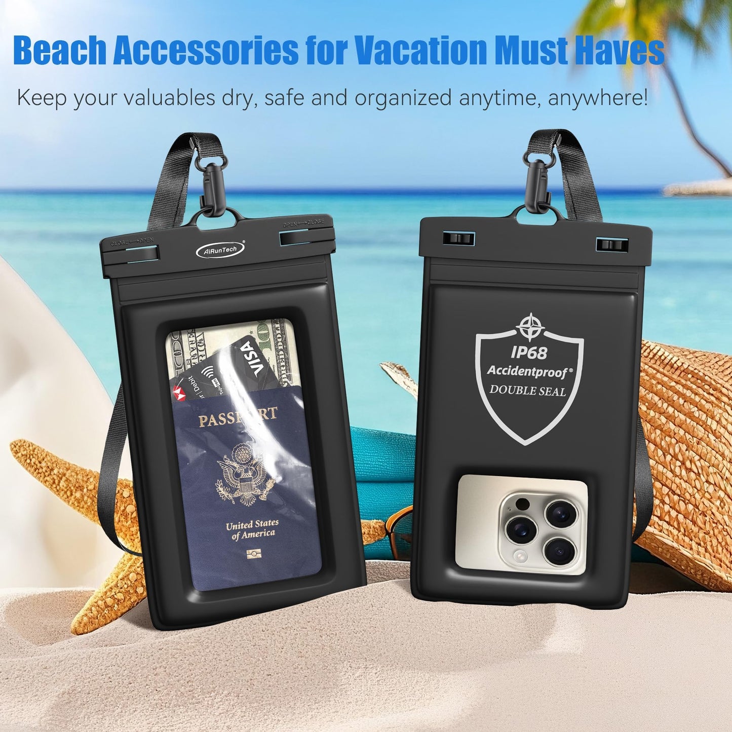 AiRunTech Universal Waterproof Phone Pouch, Beach Essential Accessories Protector iPhone Passport Money Sandproof,Swimming Sup Surfing Jetski Must Haves