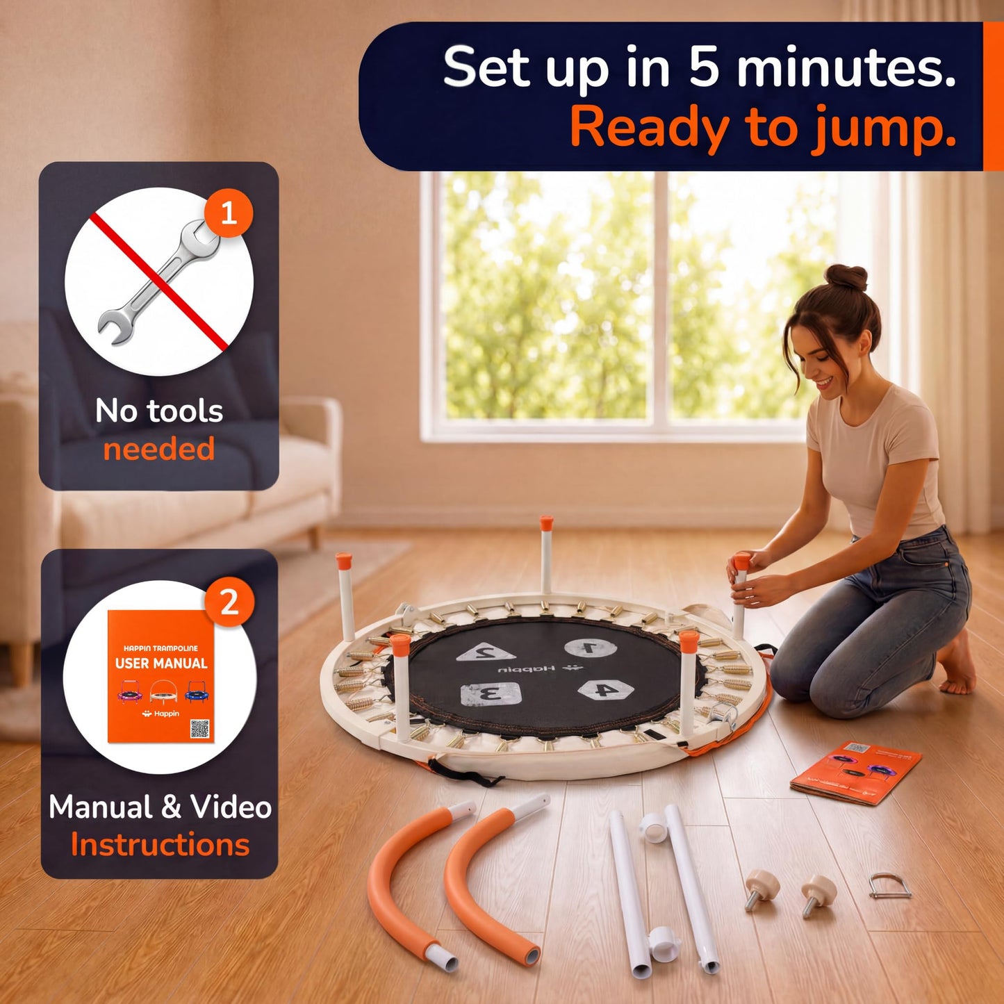 Happin® 36'' Toddler Trampoline Indoor, Foldable Mini Trampoline for Kids Ages 2-6, ASTM Certified, Adjustable Handle, Safety Pad for Indoor & Outdoor, Baby Trampolines, for Boy & Girl