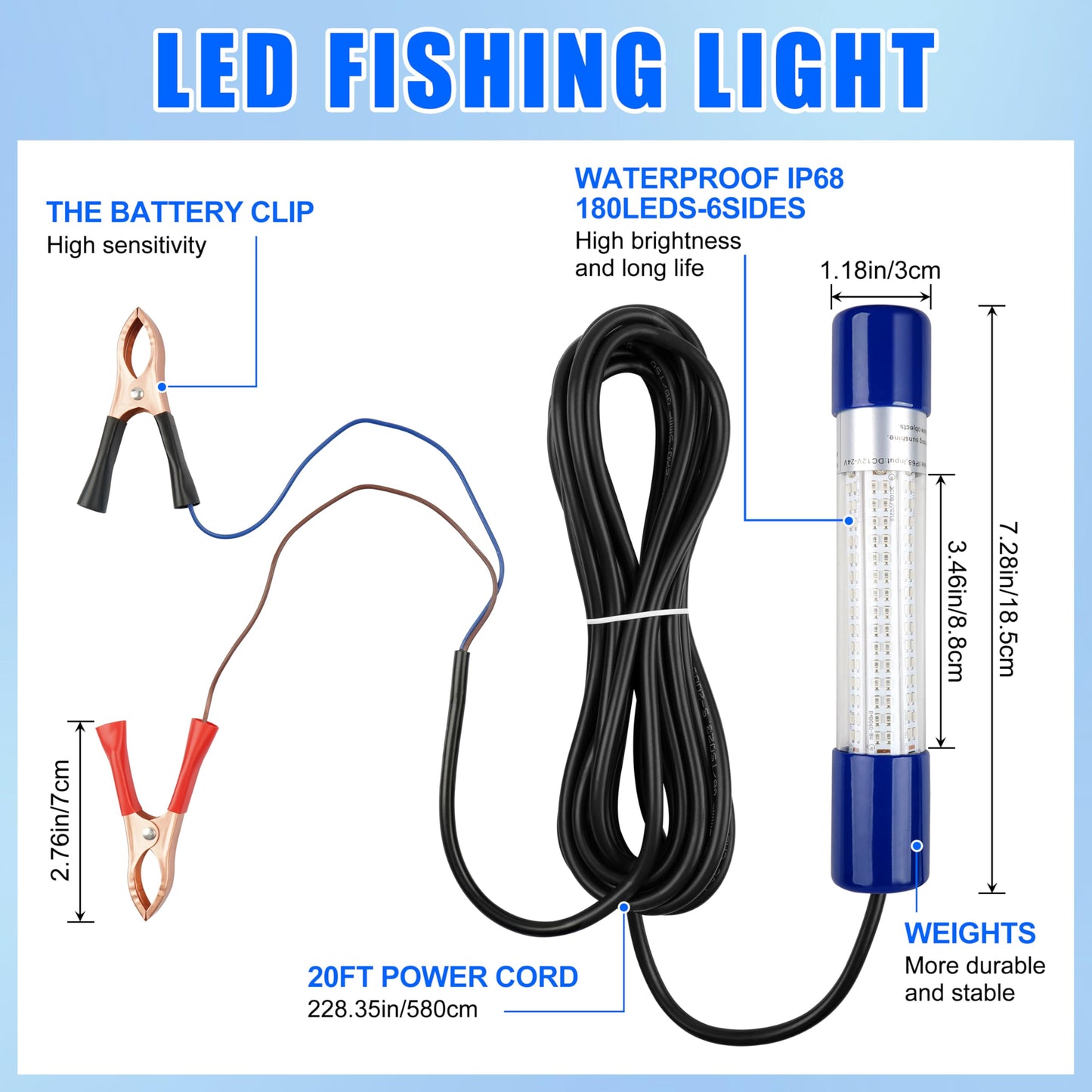 Underwater Fishing Light 1600 Lumens 10.8W 12/24V Submersible Fishing Bait Finder 180 LED Deep Drop Night Fishing Light with 20 FT Cord for Shrimp Squid Fish Crowds