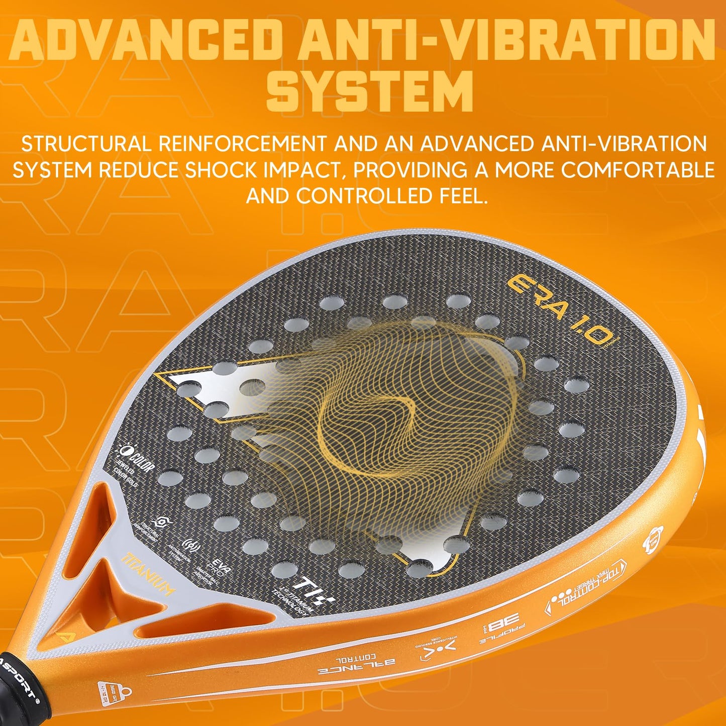 AMA SPORT ERA 1.0 Padel Racket Titanium Carbon Fiber Surface with EVA Flex Foam Core Paddle Racket Lightweight Power & Precision Control Padel Racquet for Intermediate and Advanced Players (Gold)
