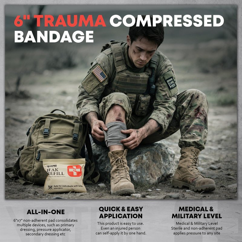 6" Israeli Emergency Bandage, Sterile Vacuum Sealed Compression Trauma Wound Dressing, Medical Pressure Bandage for Bleeding Control, Combat Tactical First Aid IFAK Trauma Kit Supplies