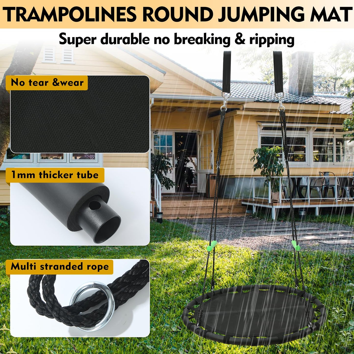 YSEJOMP Black Round Saucer Swing with Handles -Made of Sturdy Frame,PP Mat,Adjustable Multi-Strand Ropes,Safe and Durable for Yard Garden Playground Park (Black+Extra Straps, 40 inches)