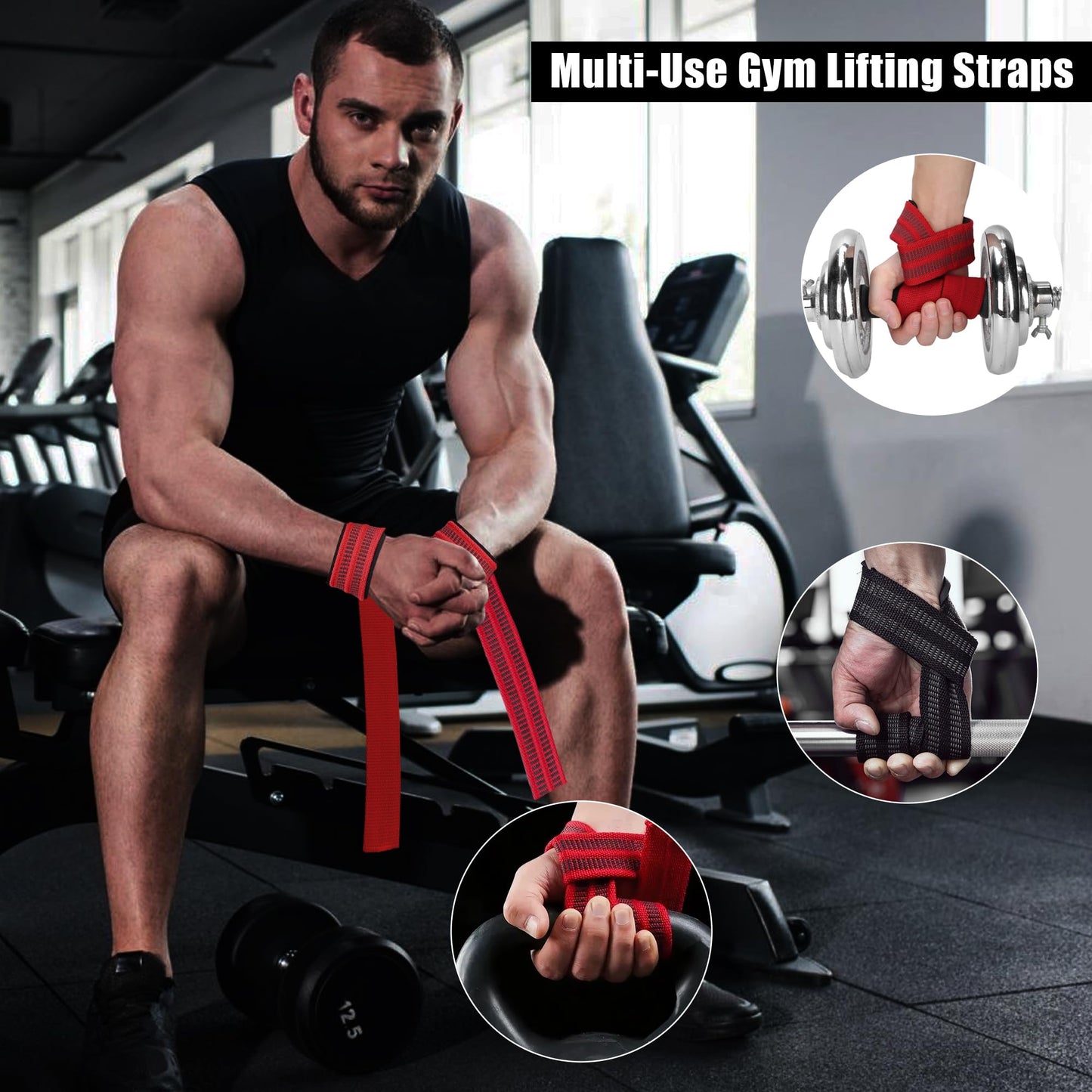 4 Pack Lifting Wrist Straps for Weightlifting, Lifting Straps for Gym Strength Training,Deadlifts,Workout, Men & Women Neoprene-padded Wrist Cushion Cotton Lift Straps with Anti-Skid Silicone -Red