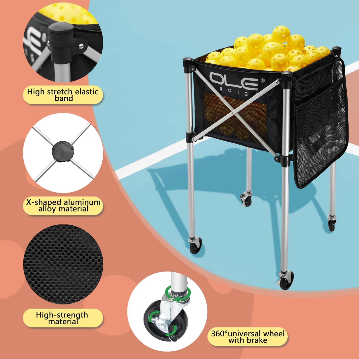 OLE ANDIGO Pickleball Hopper Cart,Tennis Balls Hopper,Can Holds 180 Pickleballs or 210 Tennis Balls,Lightweight Ball Cart with Wheels,Pickle Ball Equipment,Ball Caddy for Training Travel