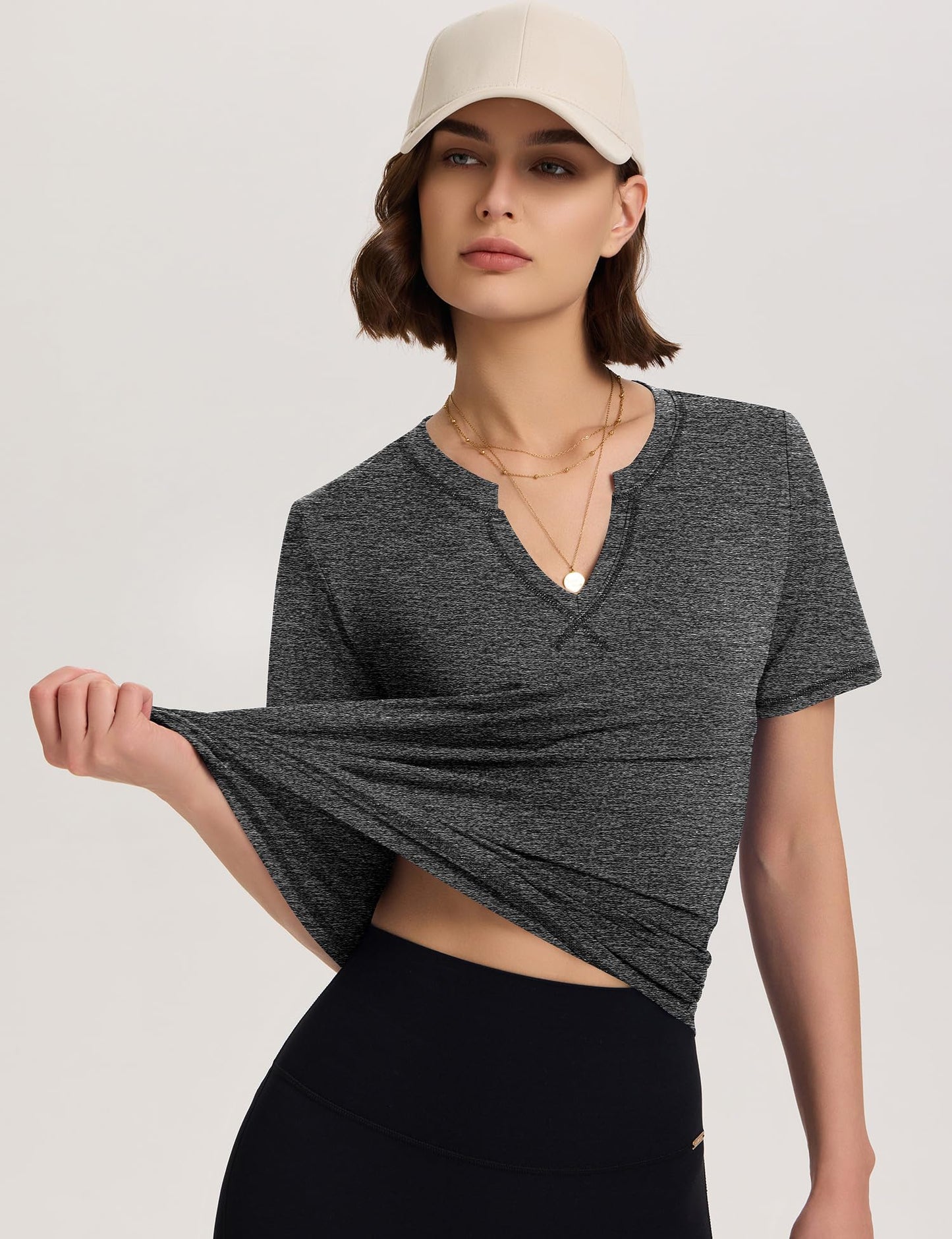 TCOT Women's Workout Tops Short Sleeve Athletic Yoga Shirts Moisture Wicking Shirts V Neck Running Tees Dark Grey L