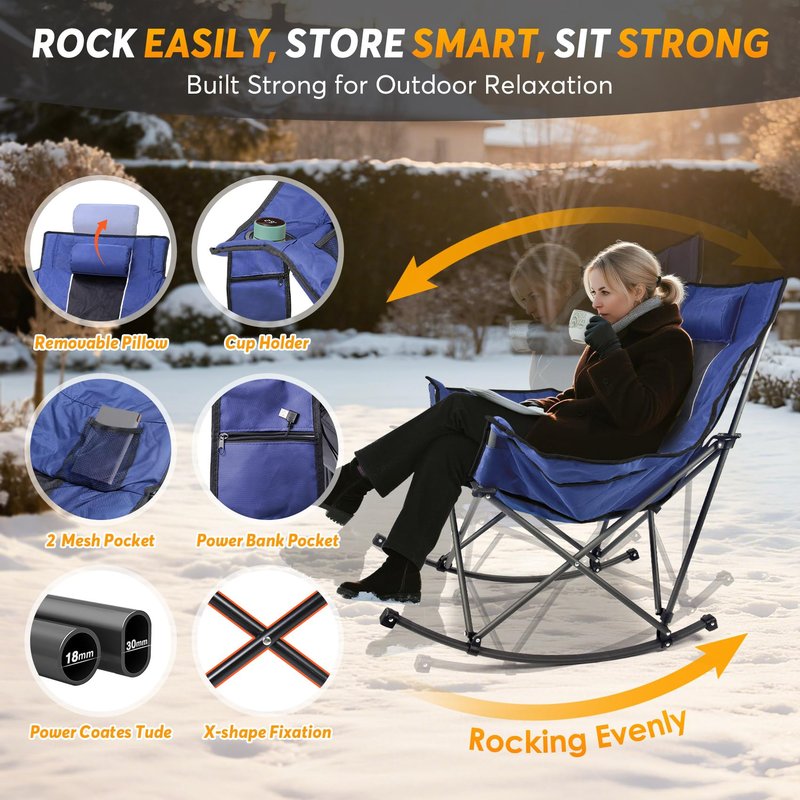 Suteck Heated Rocking Camping Chair, Fully Thicker Padded Heated Camping Chairs for Outdoor Sports W/3 Heat Levels for Back & Seat, Heated Rocking Chair for Adults with Carry Bag, Battery NOT Included