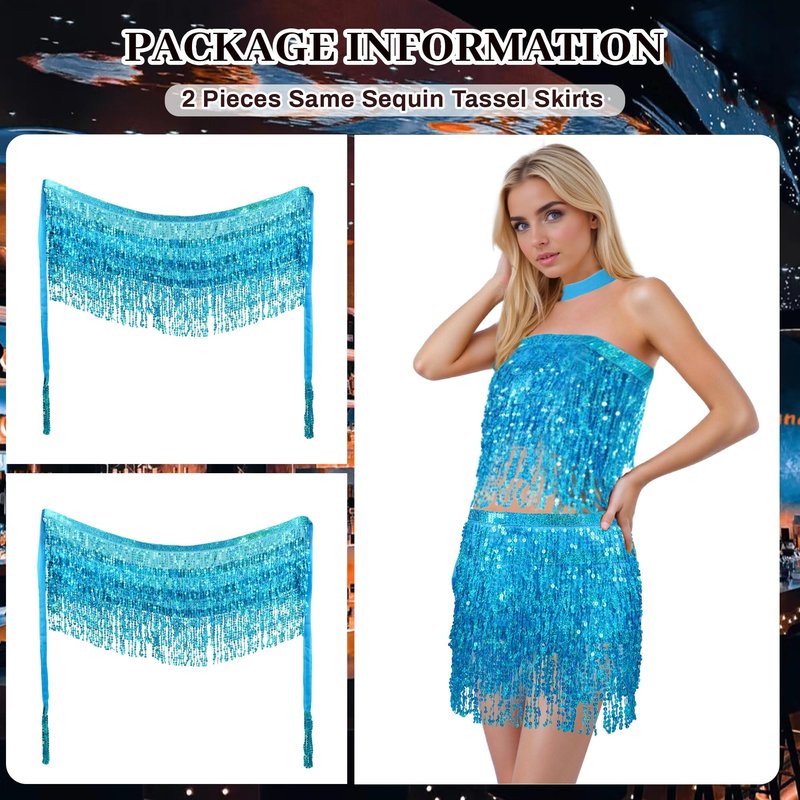 Baisdan Sequin Skirts for Women (Waist/Bust Under 31.5"), Sparkly Skirts for Girls 2 Piece Set, Tassel Skirt for Kids, Christmas New Years Eve Festival Outfits, 2Pack, Light Blue