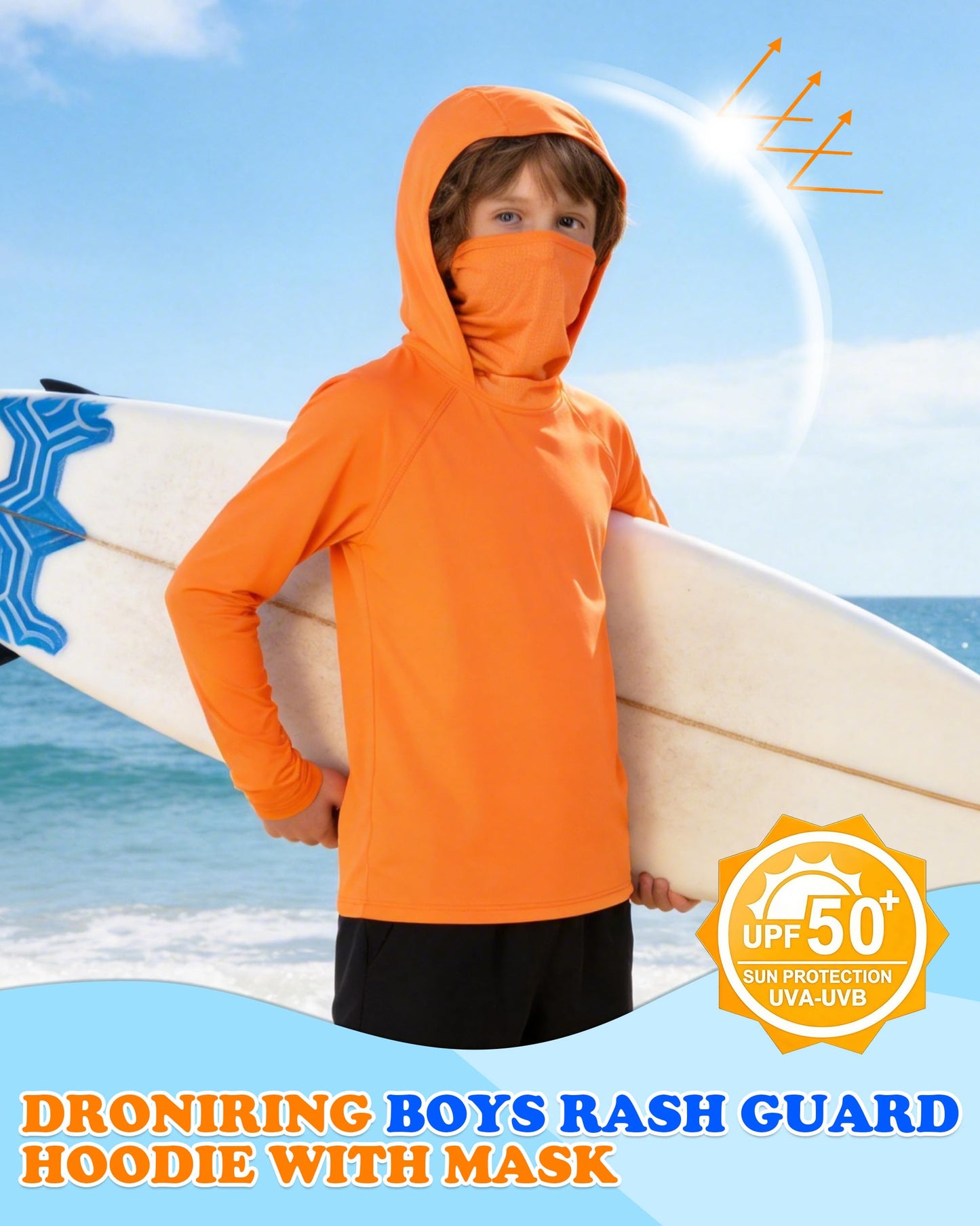 DRONIRING Boys Hooded Fishing Shirt with Mask, Kids UPF 50+ Long Sleeve Rash Guard Hoodie, Sun Protection Beach Swim Shirts Orange
