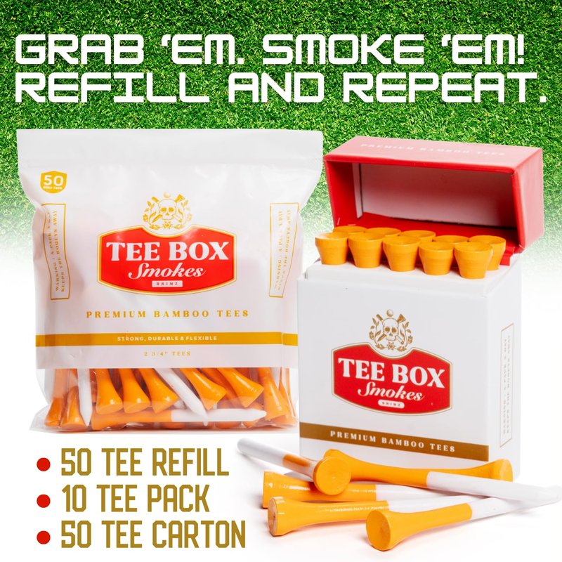 BRIMZ Tee Box Smokes Premium Bamboo Golf Tees – Magnetic Reusable Golf Tee Case – 2 ¾ Inch Eco Friendly Bamboo Tees – Funny Golf Gift for Men & Women – Golf Accessories (10 Tees)