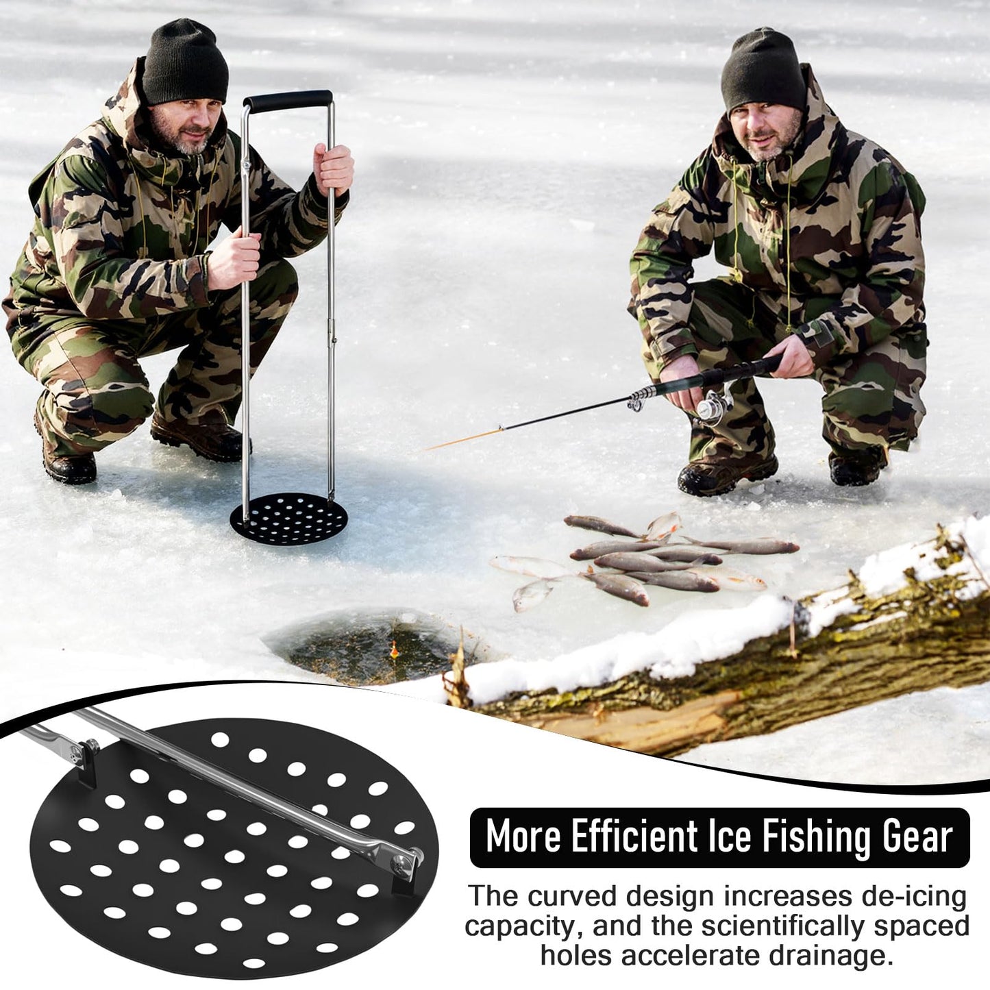 Jarquia Ice Fishing Gear Ice Skimmer for 6" Ice Augers Hole Cleaner,Foldable Ice Fishing Scoop with 35" Uprights,Aluminum Ice Fishing Accessories